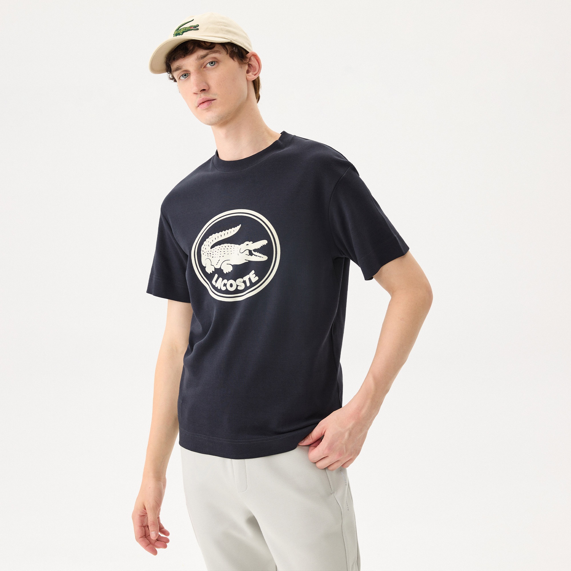 Lacoste Erkek Relaxed Fit Bisiklet Yaka Baskılı Siyah T-Shirt