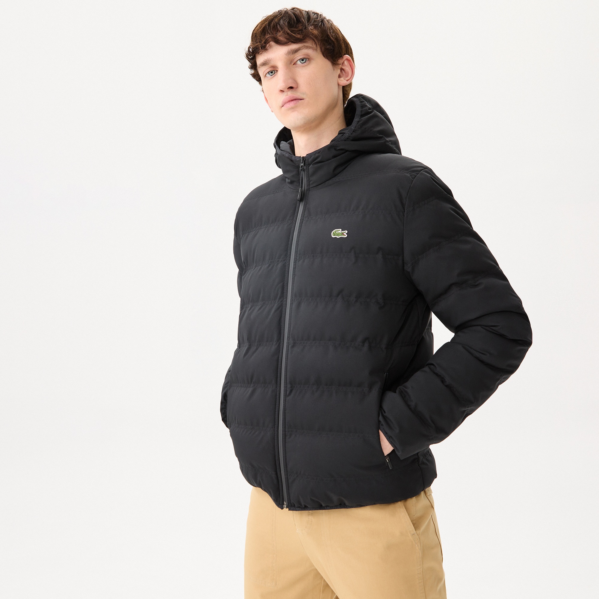 Lacoste Erkek Kapüşonlu Kapitone Siyah Mont