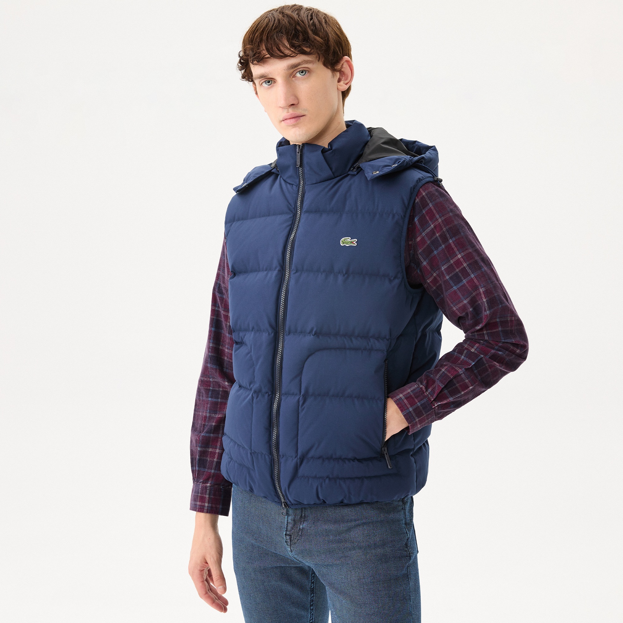 Lacoste Erkek Kapüşonlu Kapitone Lacivert Şişme Yelek