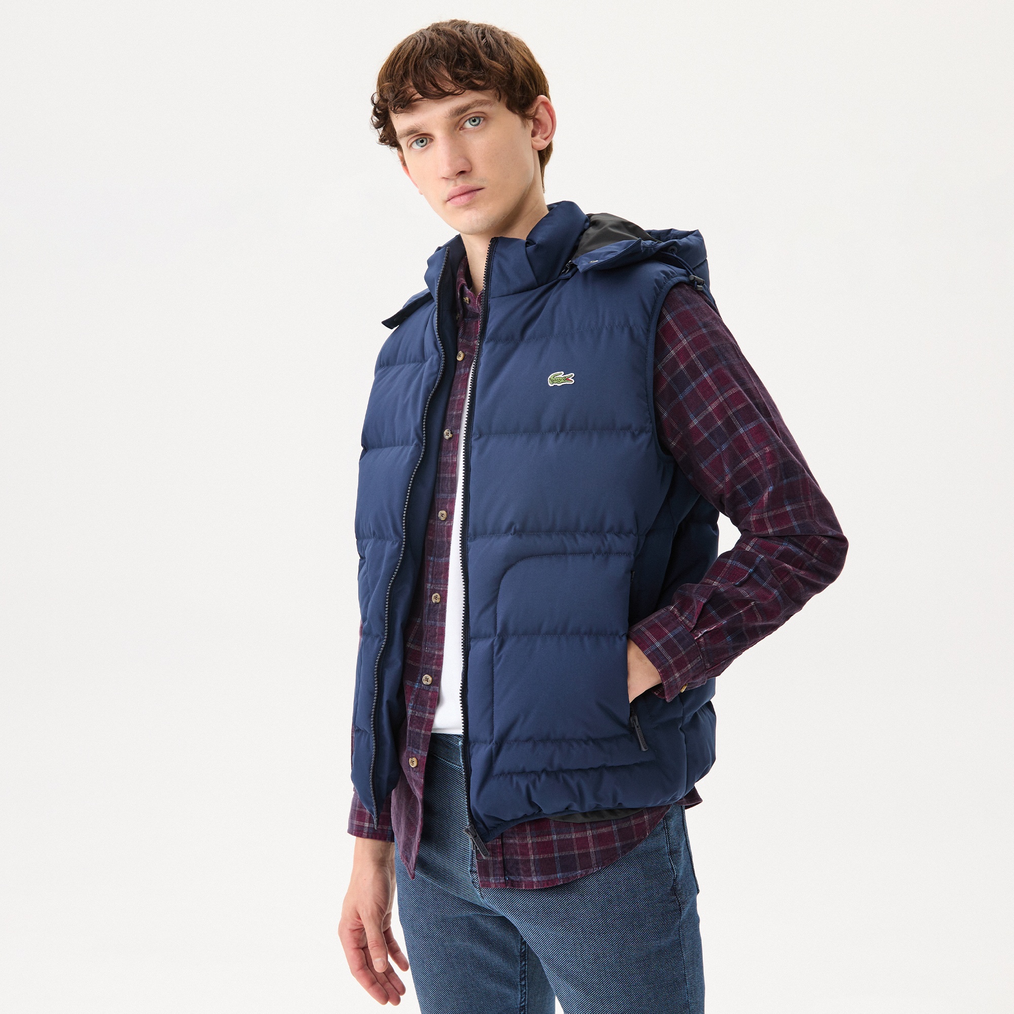 Lacoste Erkek Kapüşonlu Kapitone Lacivert Şişme Yelek