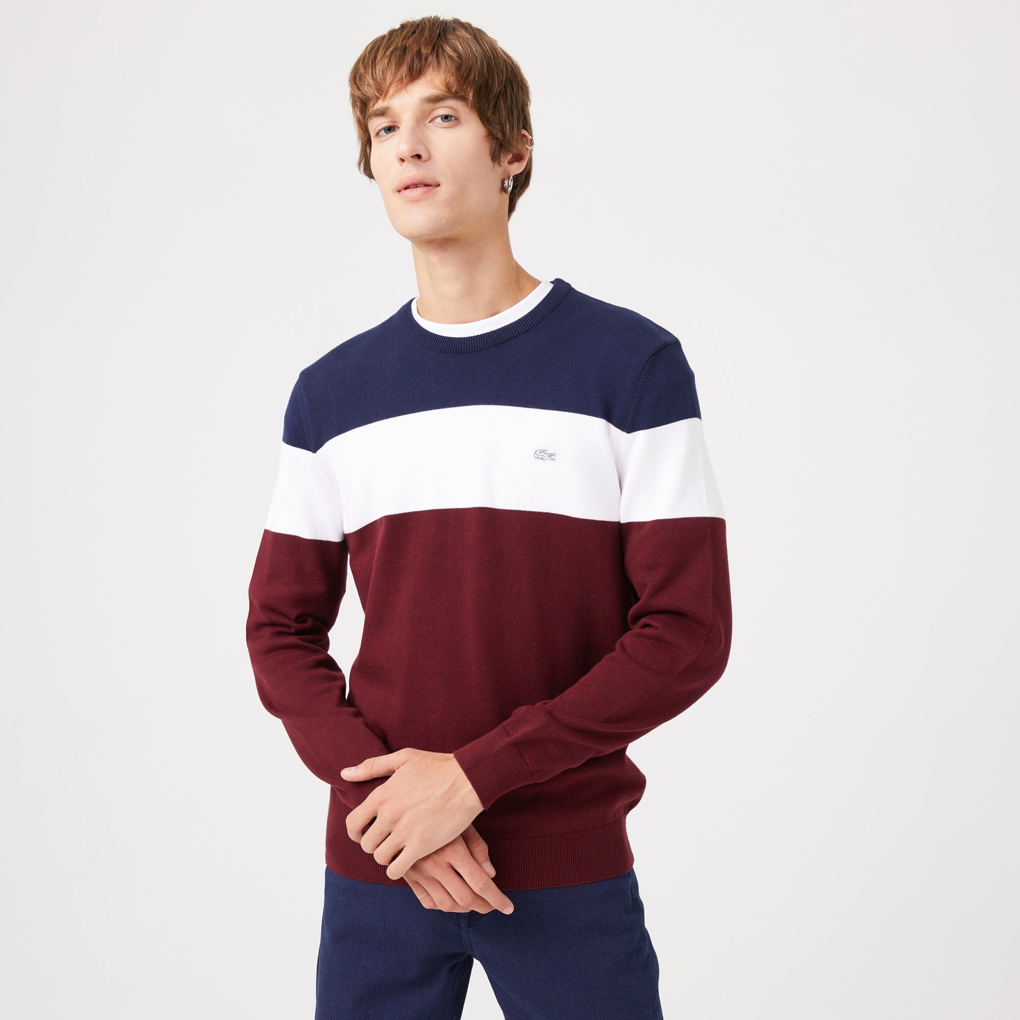 Lacoste Erkek Regular Fit Bisiklet Yaka Renk Bloklu Bordo Kazak