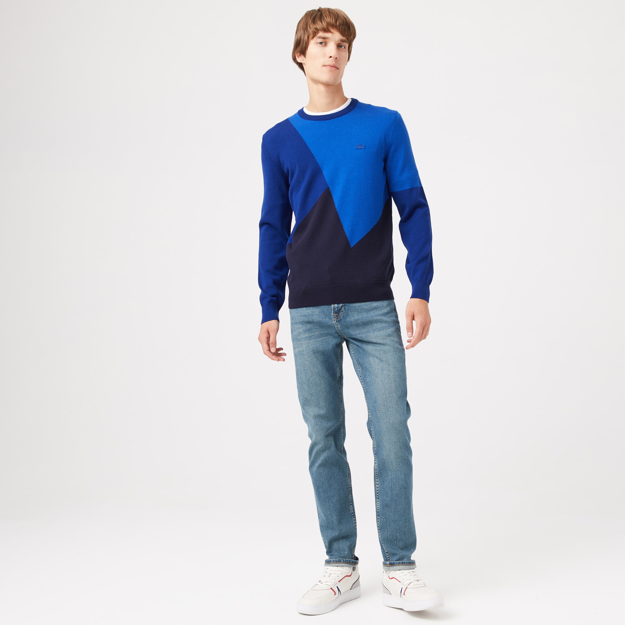 Lacoste Erkek Bisiklet Yaka Renk Bloklu Yün Mavi Kazak