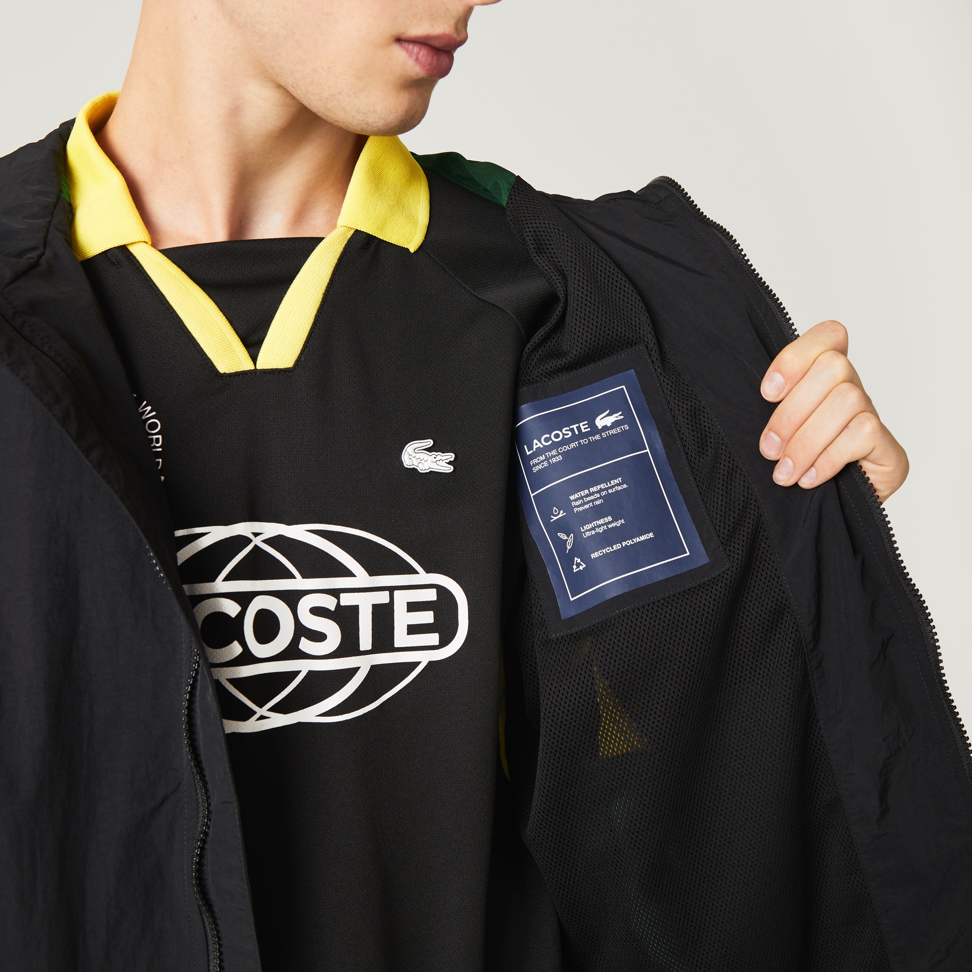 Lacoste Active Erkek Kapüşonlu Baskılı Renk Bloklu Siyah Yağmurluk