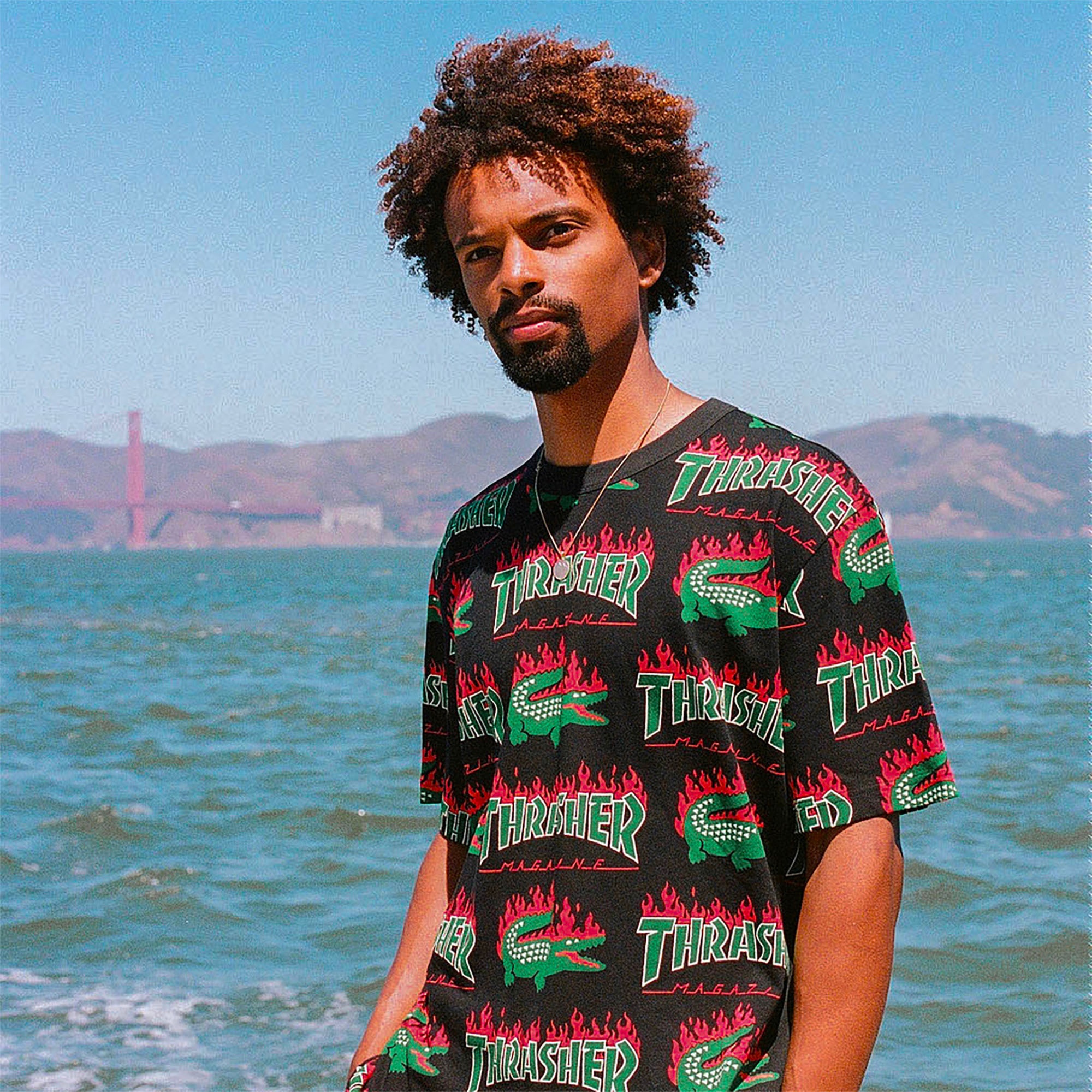 Lacoste X Trasher Unisex Baskılı Siyah T-shirt