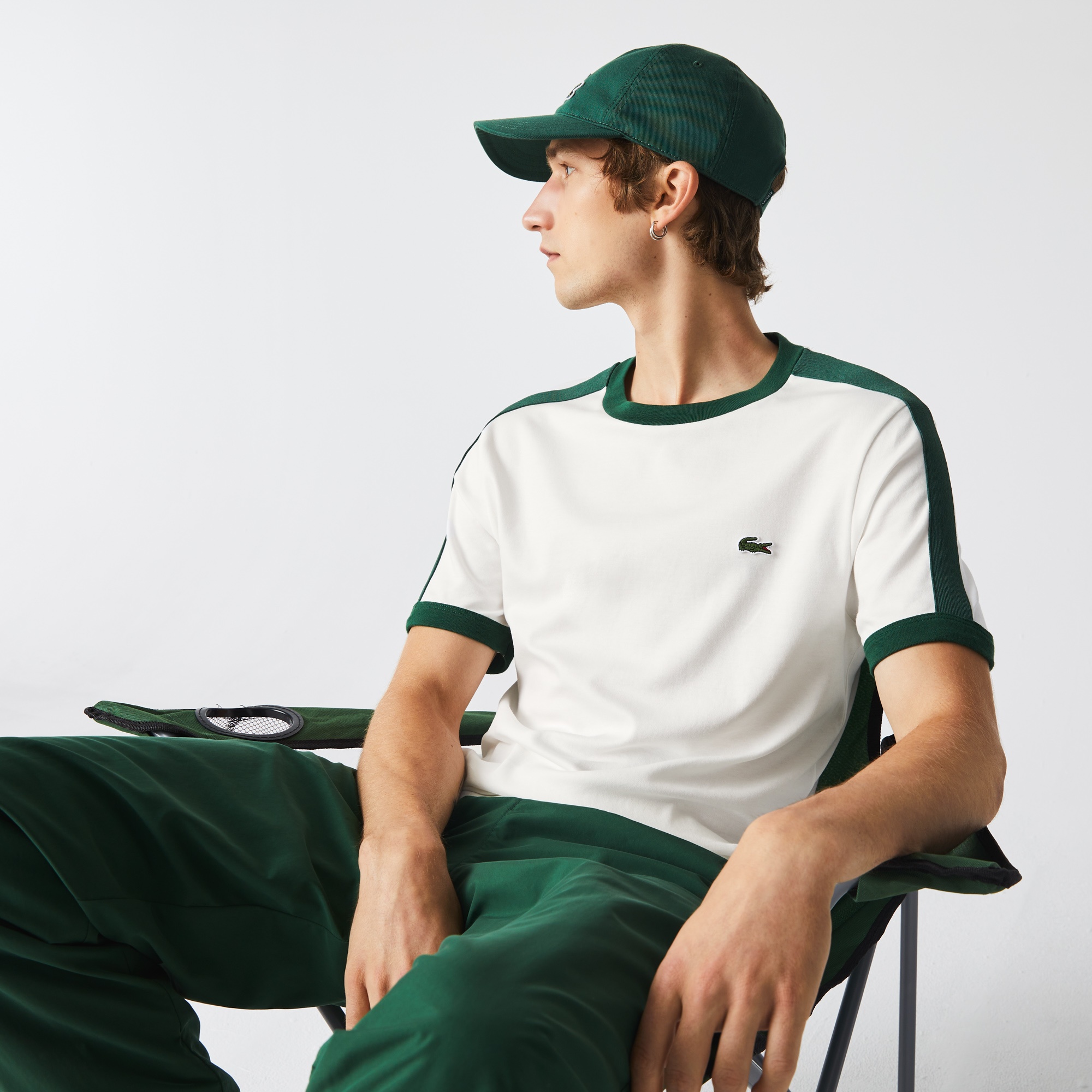 Lacoste Erkek Regular Fit Bisiklet Yaka Çizgili Beyaz T-Shirt