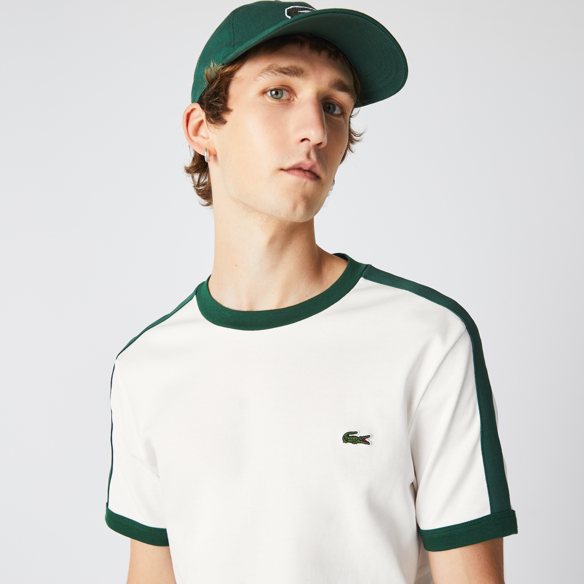 Lacoste Erkek Regular Fit Bisiklet Yaka Çizgili Beyaz T-Shirt