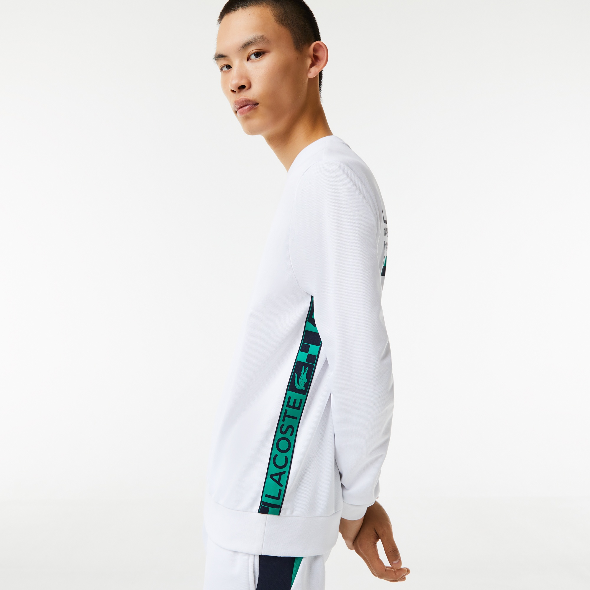 Lacoste SPORT Erkek Classic Fit Bisiklet Yaka Baskılı Beyaz Sweatshirt