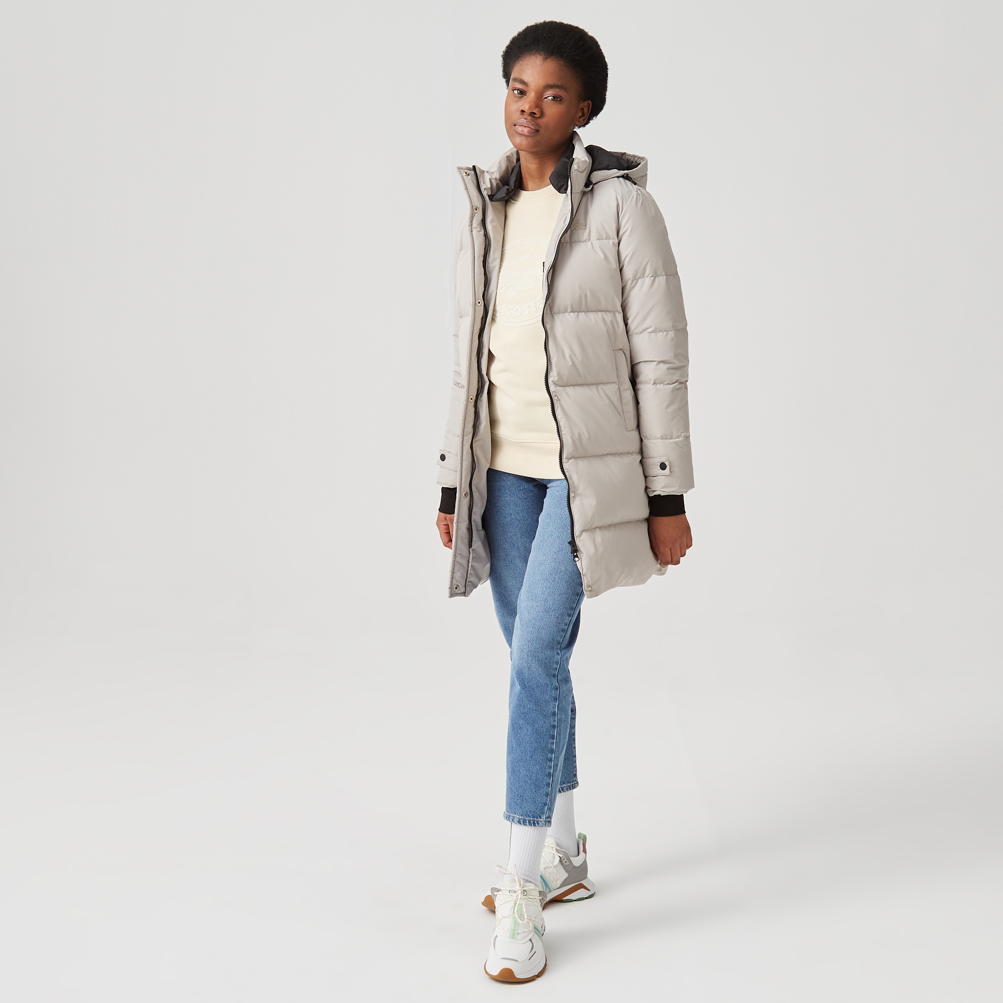 Lacoste Kadın Kapüşonlu Kapitone Açık Gri Şişme Mont