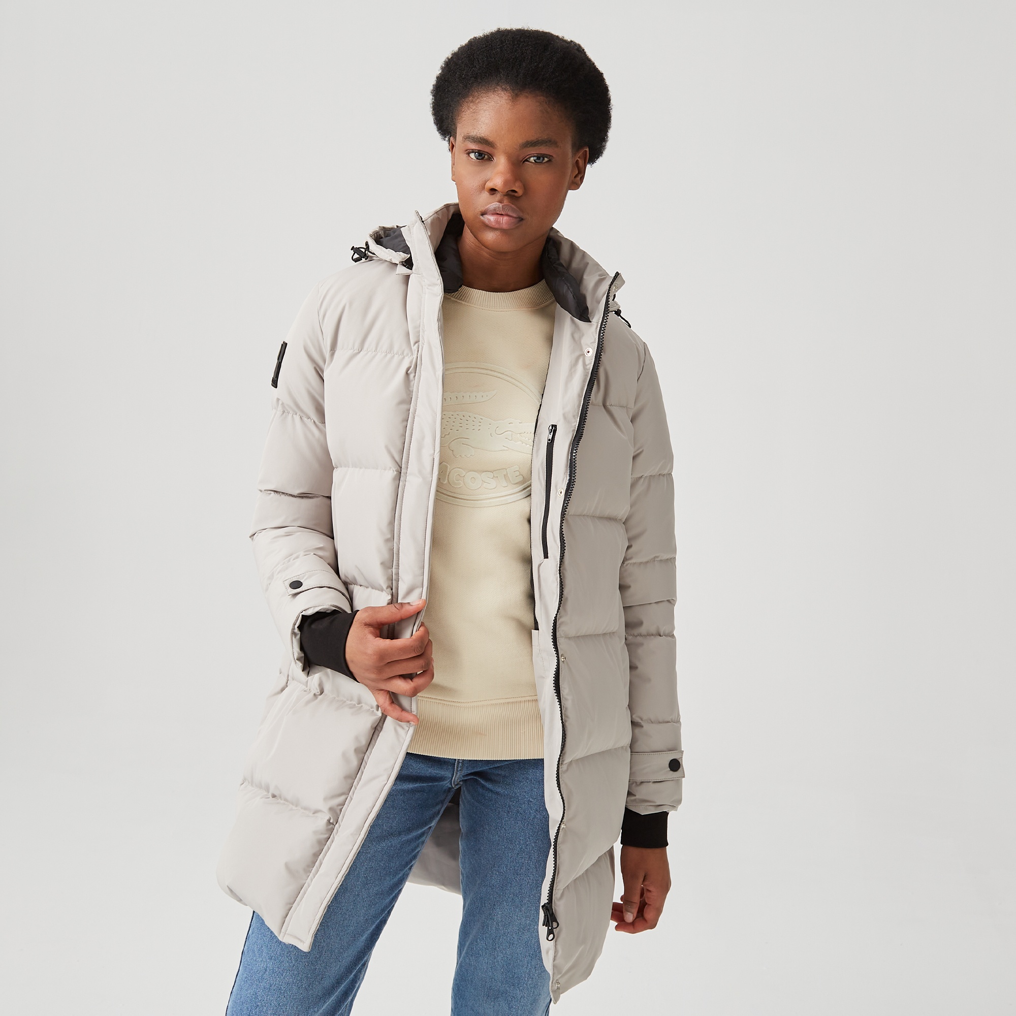 Lacoste Kadın Kapüşonlu Kapitone Açık Gri Şişme Mont