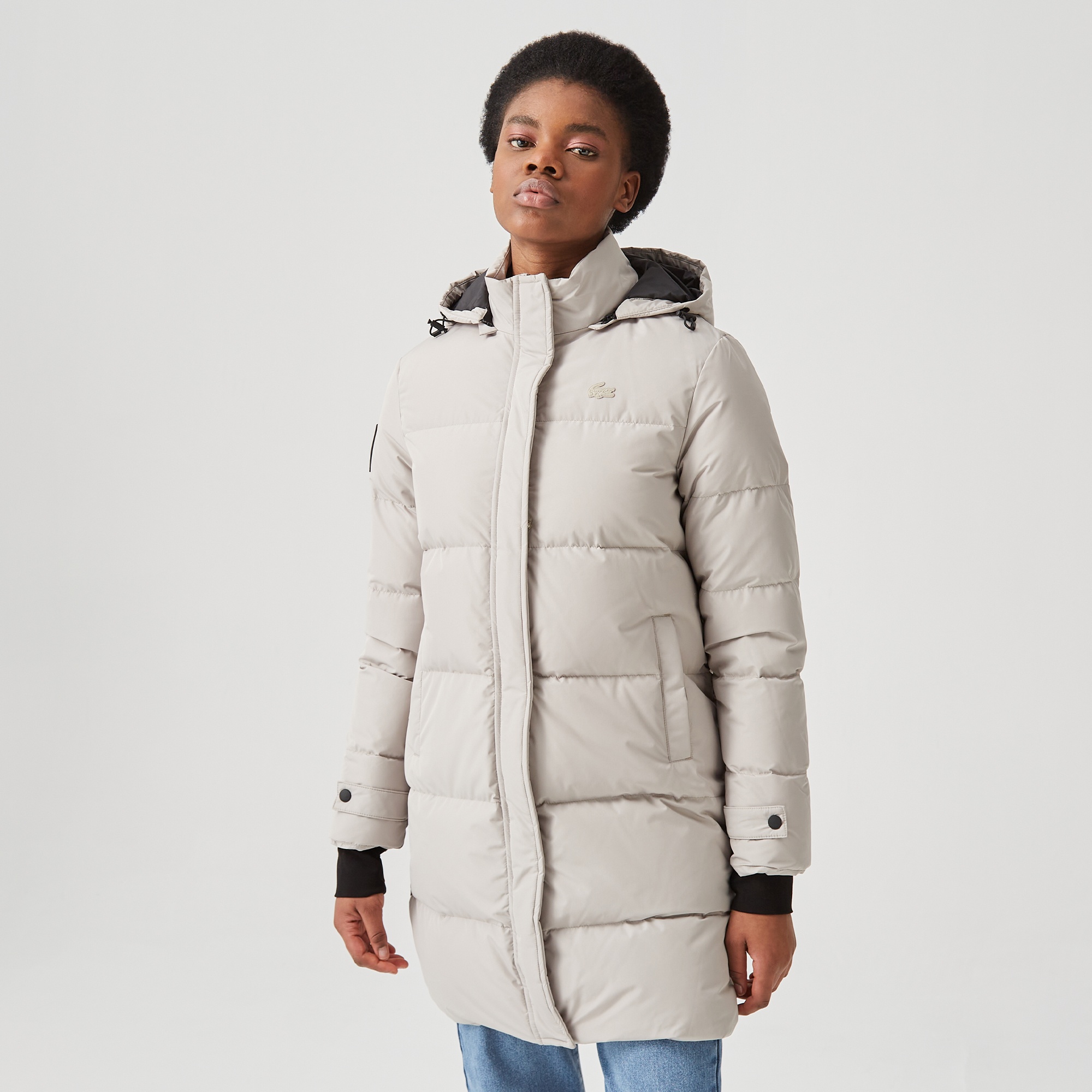 Lacoste Kadın Kapüşonlu Kapitone Açık Gri Şişme Mont