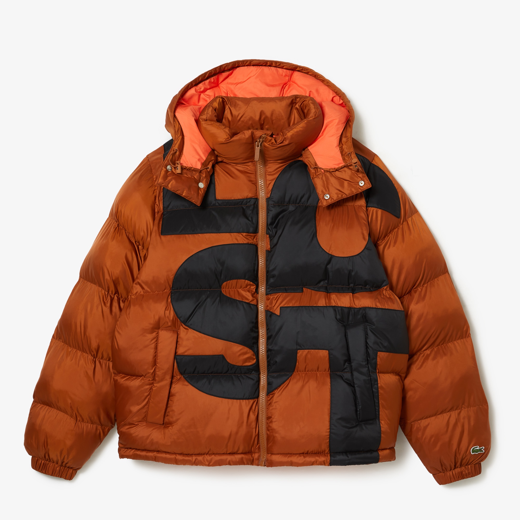 Lacoste Erkek Oversize Kapüşonlu Baskılı Suya Dayanıklı Kahverengi Şişme Mont