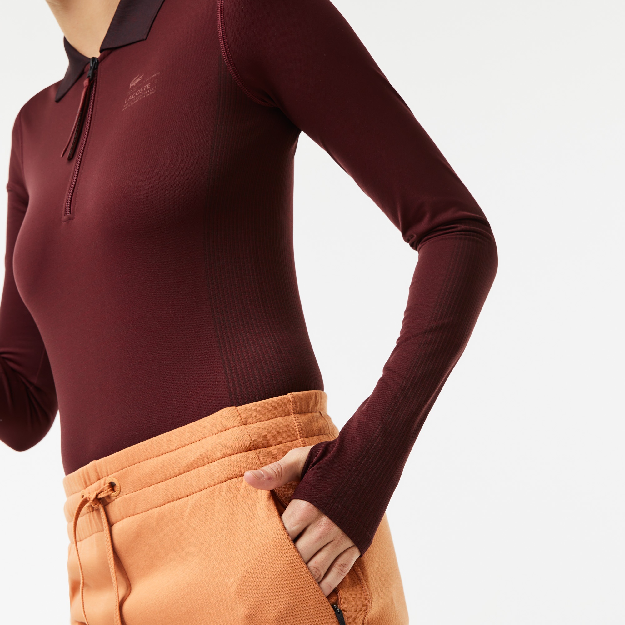 Lacoste Active Kadın Slim Fit Uzun Kollu Yarım Fermuarlı Desenli Bordo Body