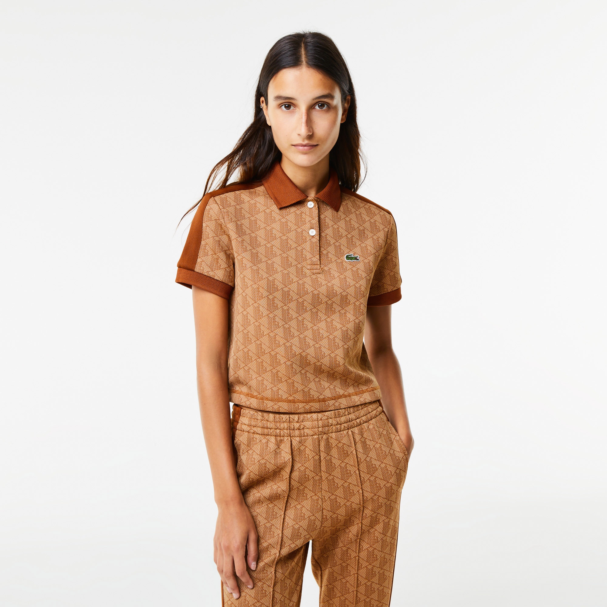 Lacoste Kadın Regular Fit Monogram Kahverengi Polo