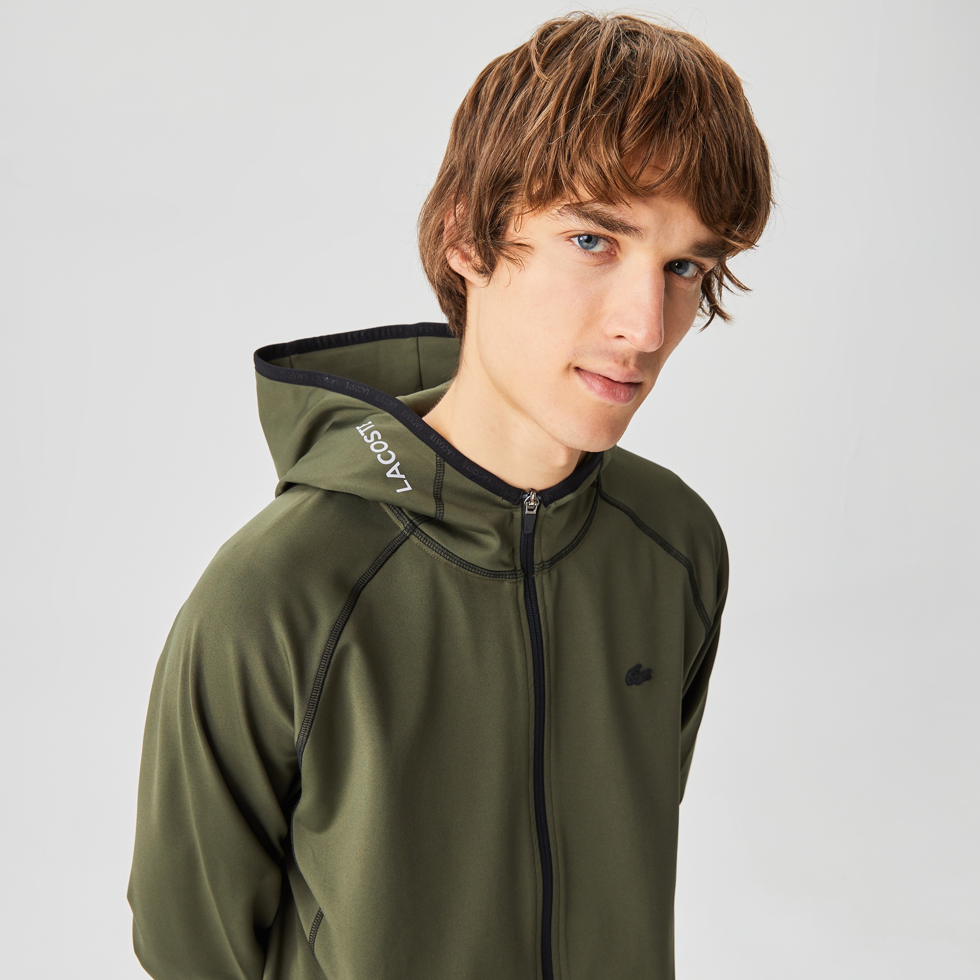 Lacoste Erkek Slim Fit Kapüşonlu Baskılı Fermuarlı Haki Sweatshirt