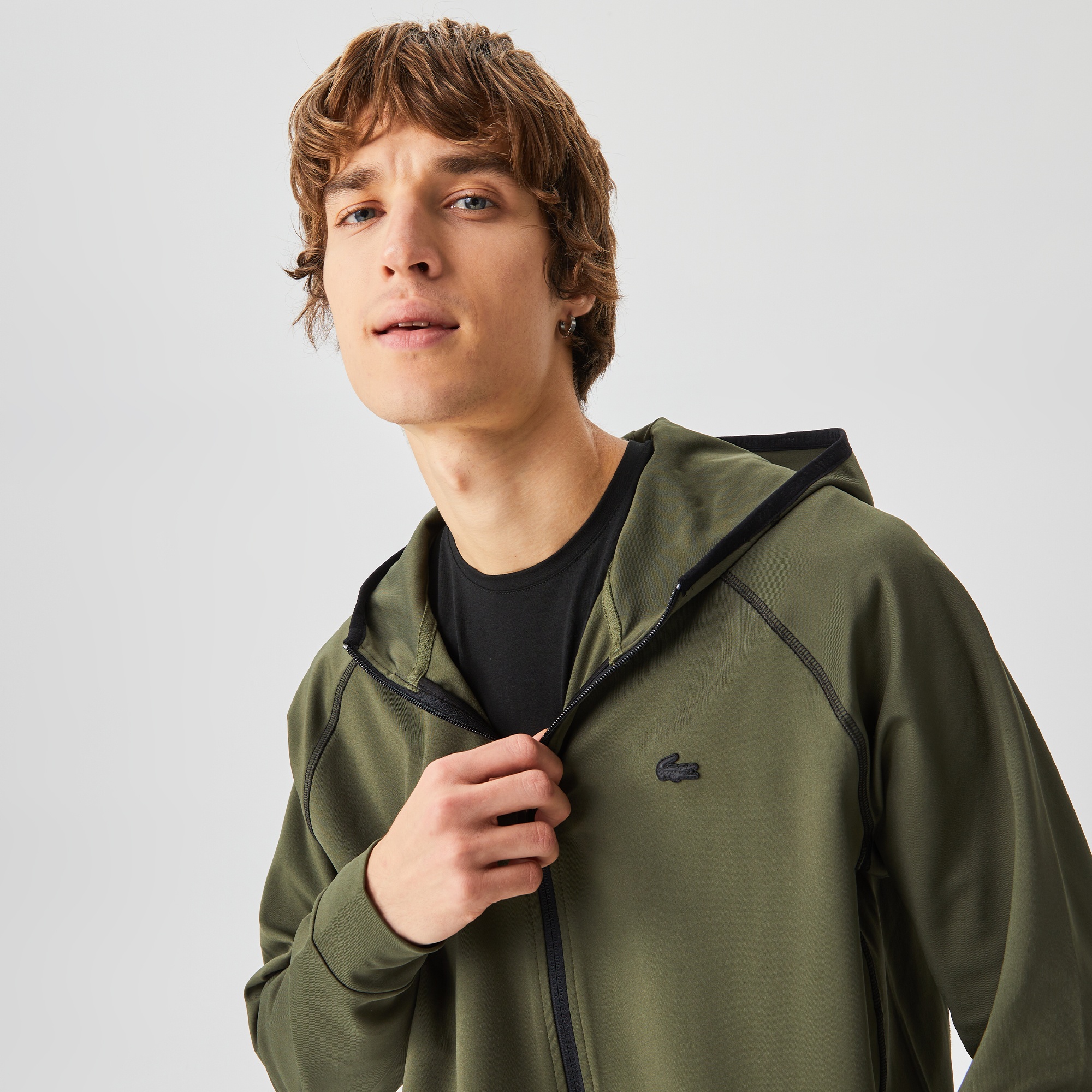 Lacoste Erkek Slim Fit Kapüşonlu Baskılı Fermuarlı Haki Sweatshirt