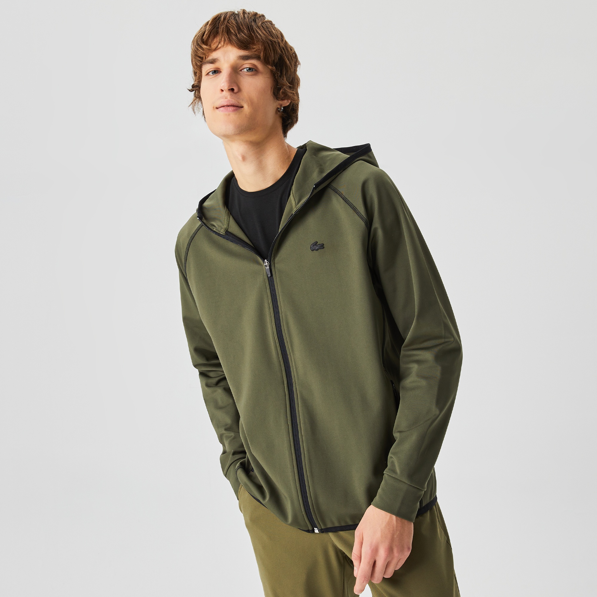 Lacoste Erkek Slim Fit Kapüşonlu Baskılı Fermuarlı Haki Sweatshirt