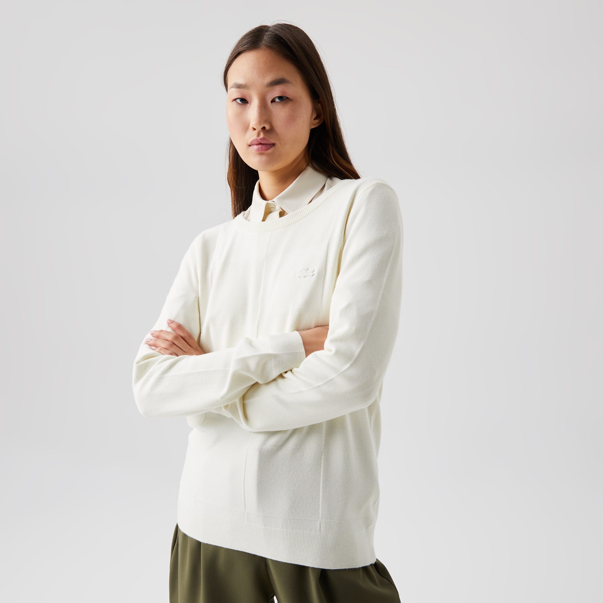 Lacoste Kadın Bisiklet Yaka Beyaz Kazak