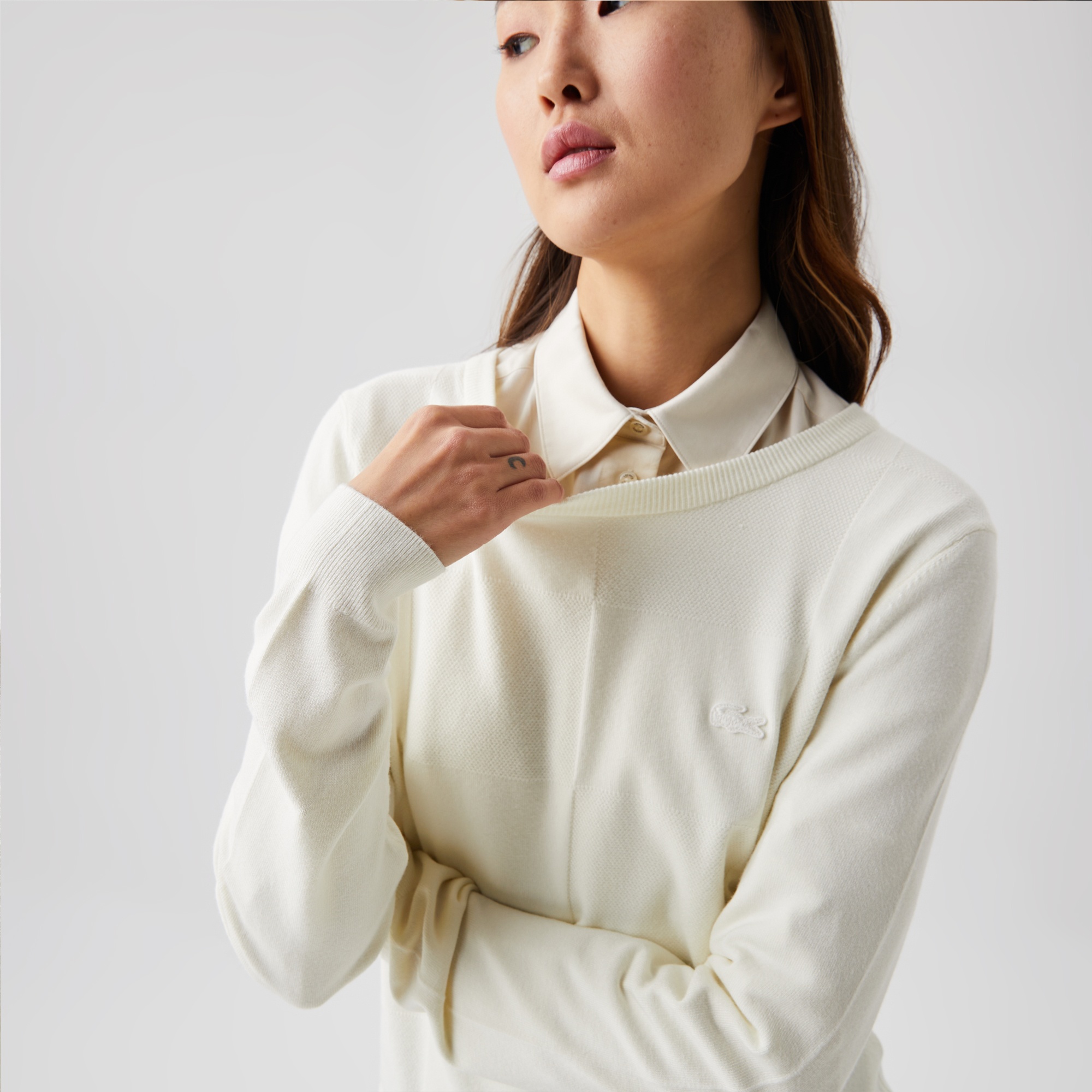 Lacoste Kadın Bisiklet Yaka Beyaz Kazak