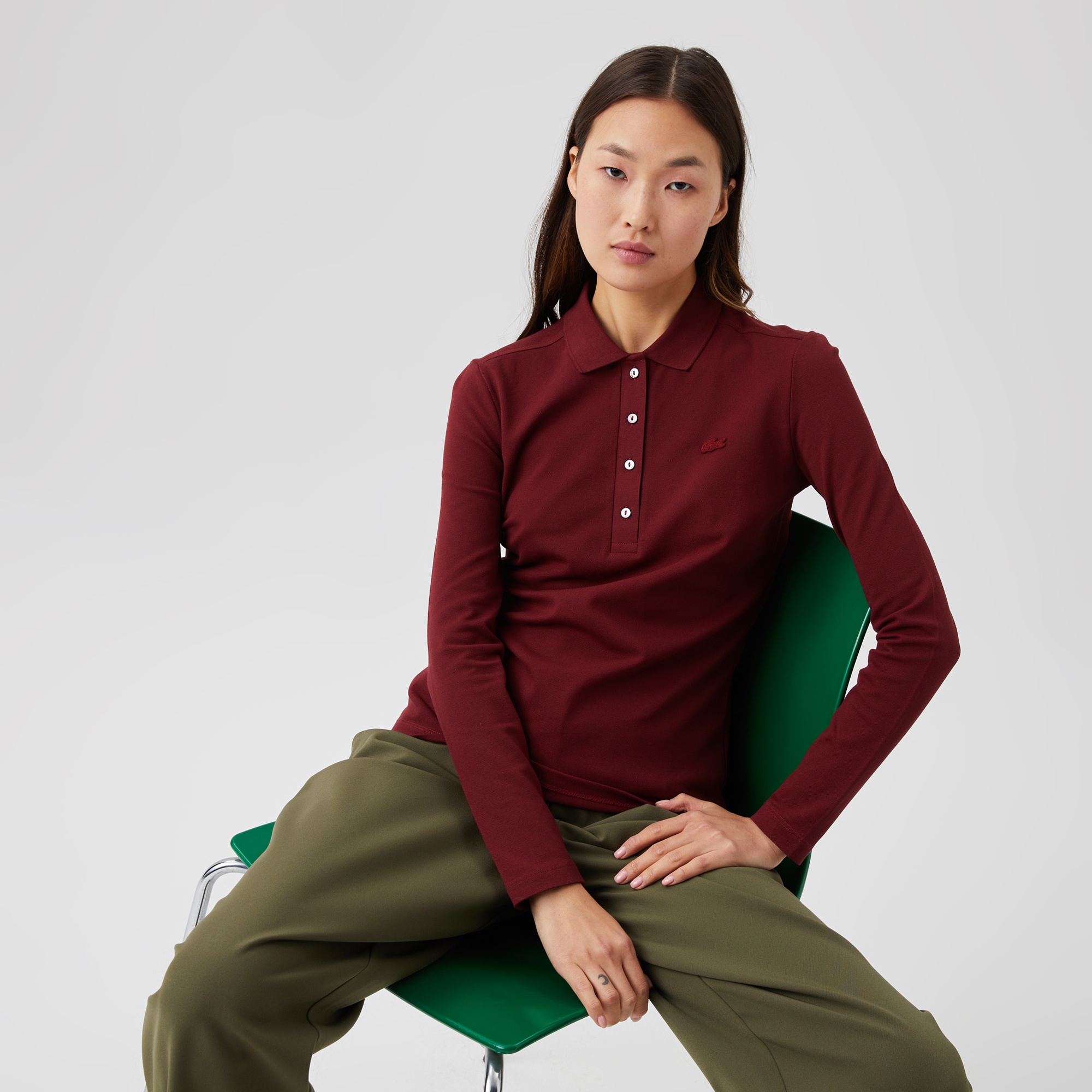 Lacoste Kadın Slim Fit Uzun Kollu Bordo Polo