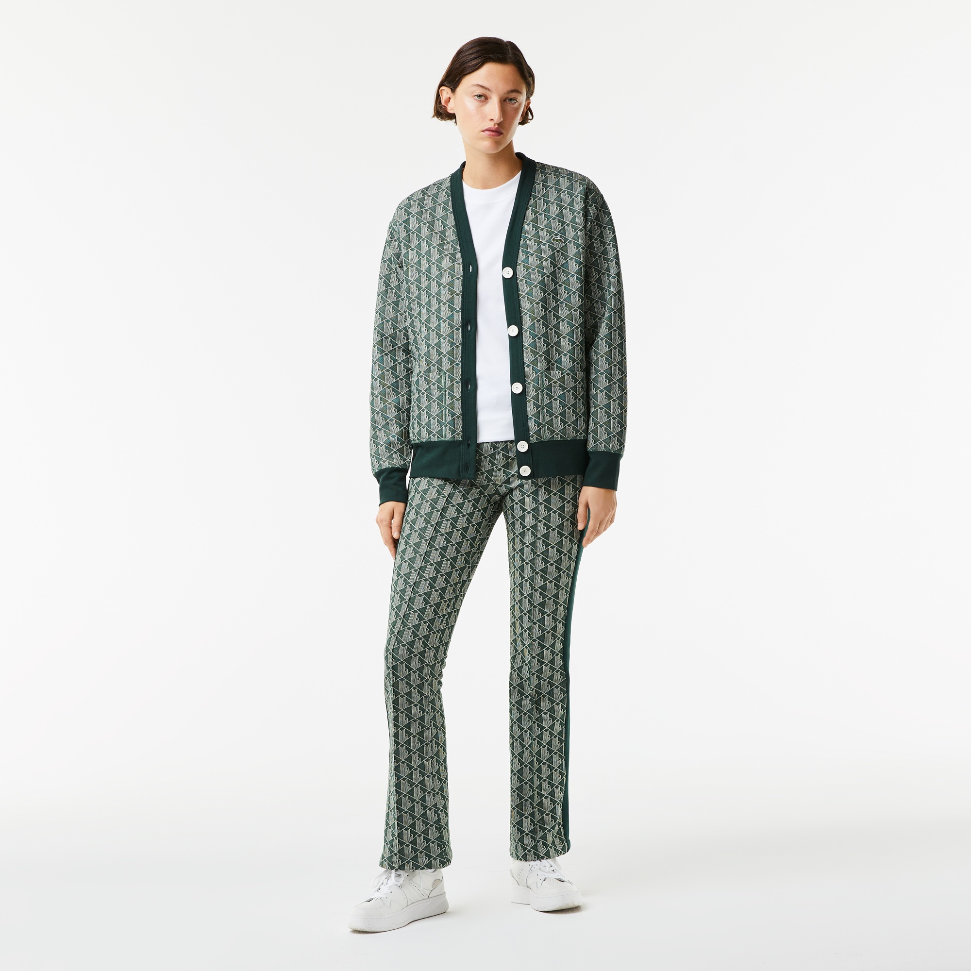 Lacoste Kadın Düğmeli Yaka Monogram Yeşil Hırka
