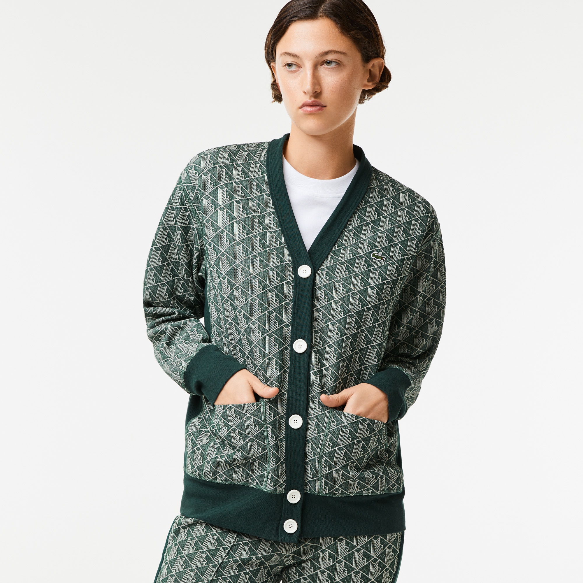Lacoste Kadın Düğmeli Yaka Monogram Yeşil Hırka