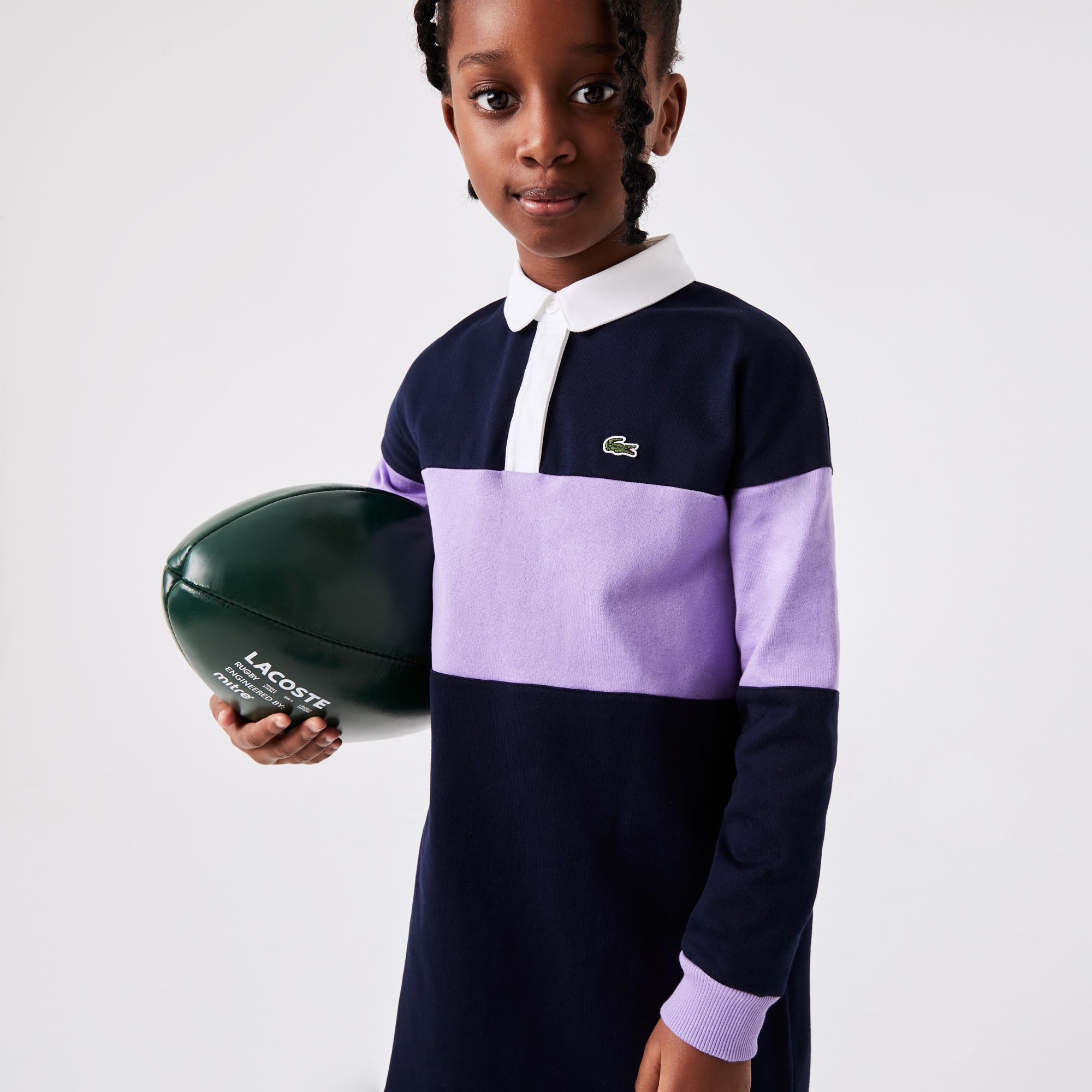 Lacoste Kız Çocuk Uzun Kollu Polo Yaka Renk Bloklu Lacivert Elbise