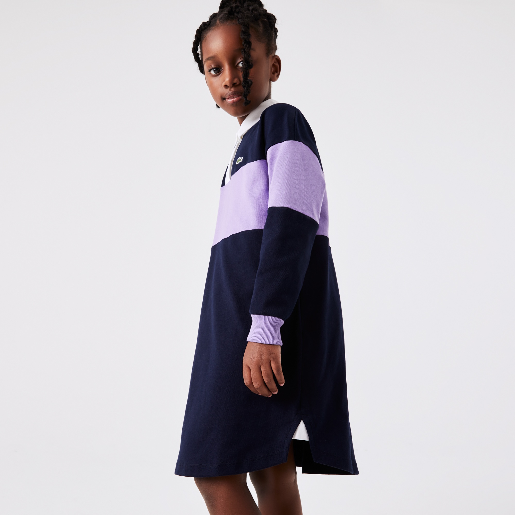 Lacoste Kız Çocuk Uzun Kollu Polo Yaka Renk Bloklu Lacivert Elbise