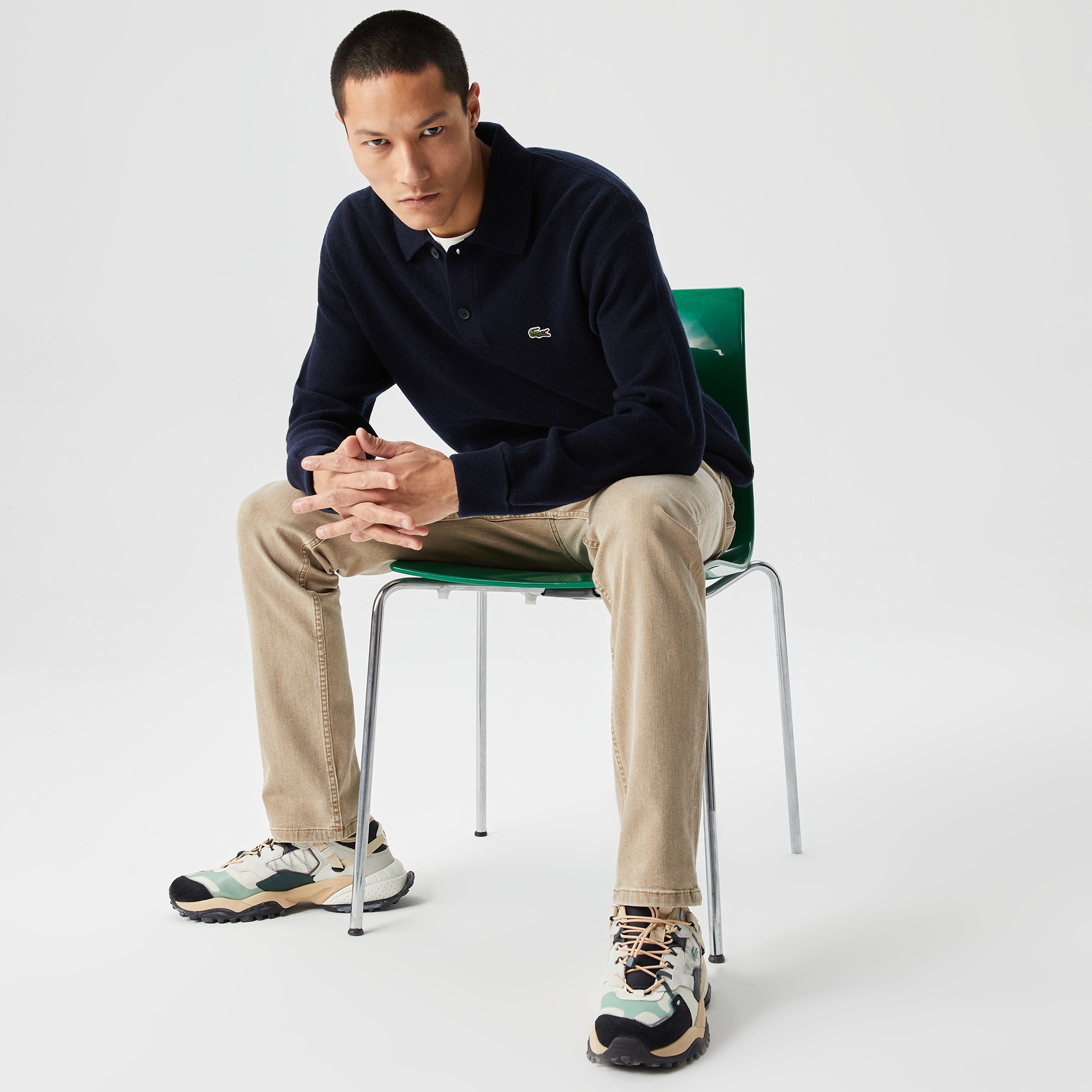 Lacoste Erkek Relaxed Fit Polo Yaka Yün Lacivert Triko