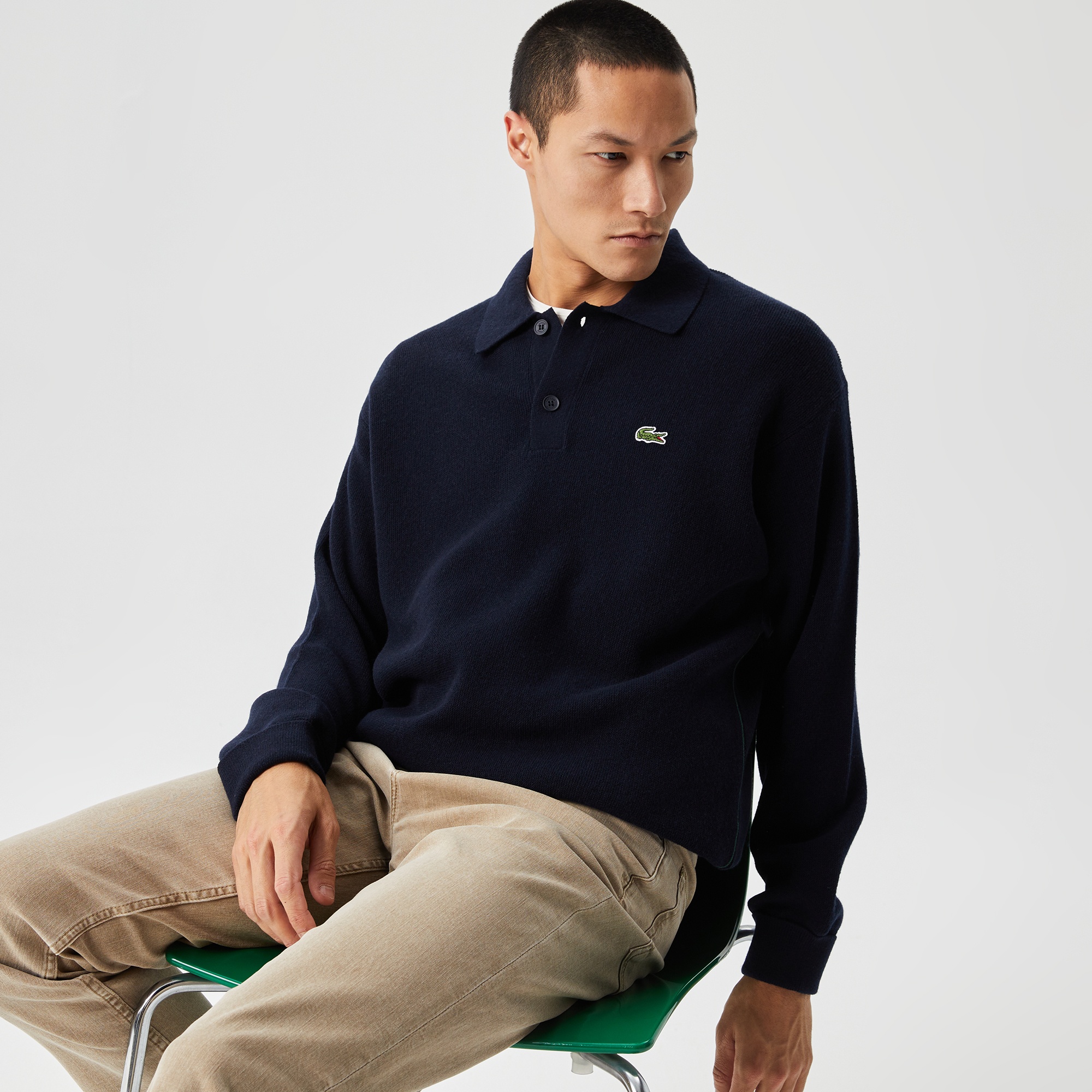 Lacoste Erkek Relaxed Fit Polo Yaka Yün Lacivert Triko