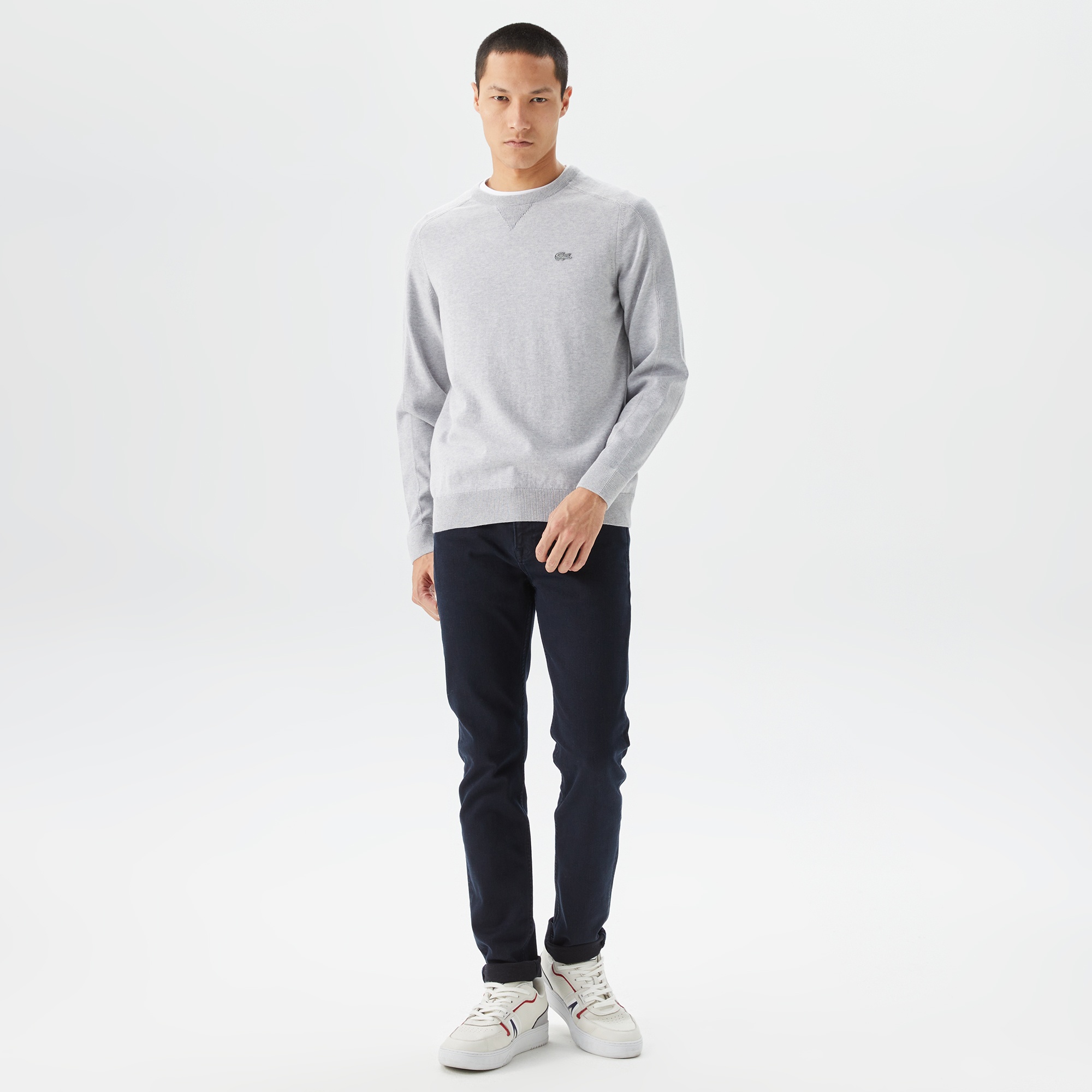 Lacoste Erkek Bisiklet Yaka Renk Bloklu Gri Kazak