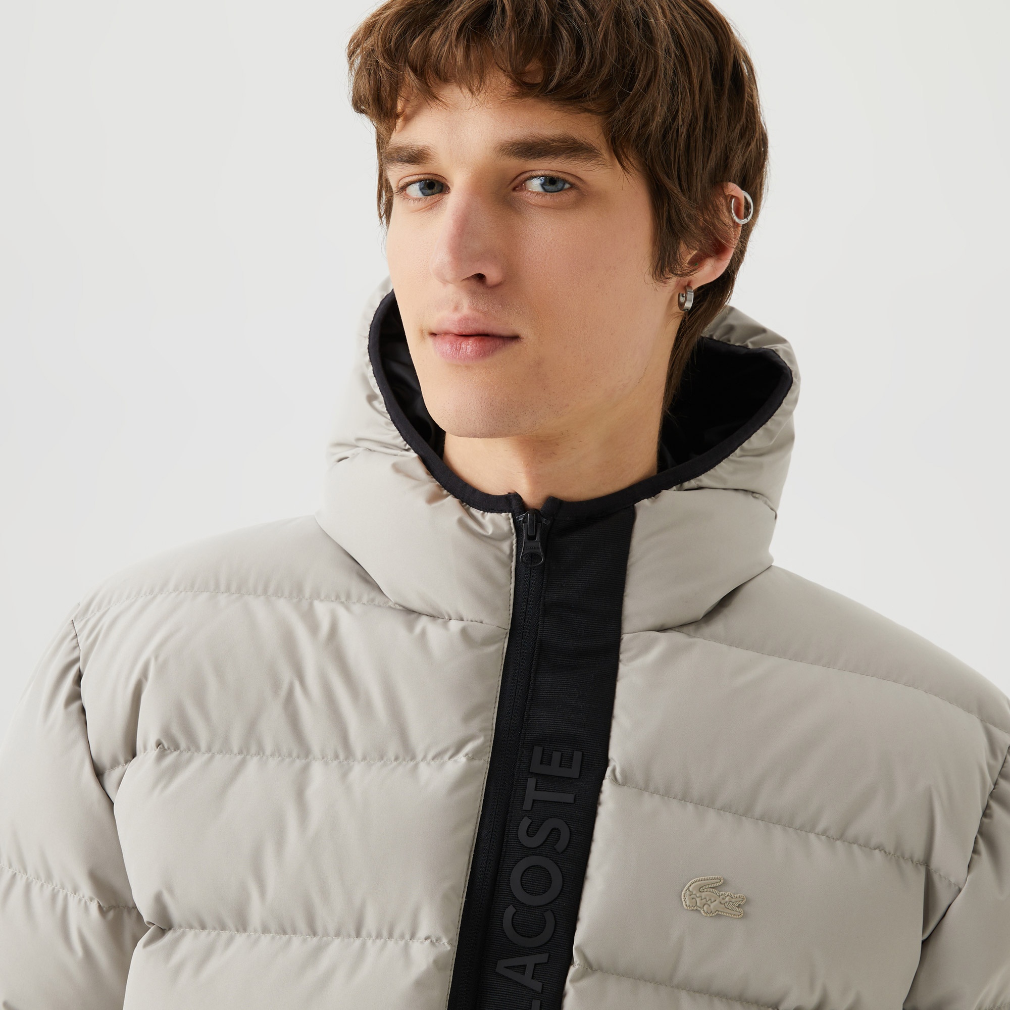 Lacoste Erkek Kapüşonlu Kapitone Baskılı Bej Mont