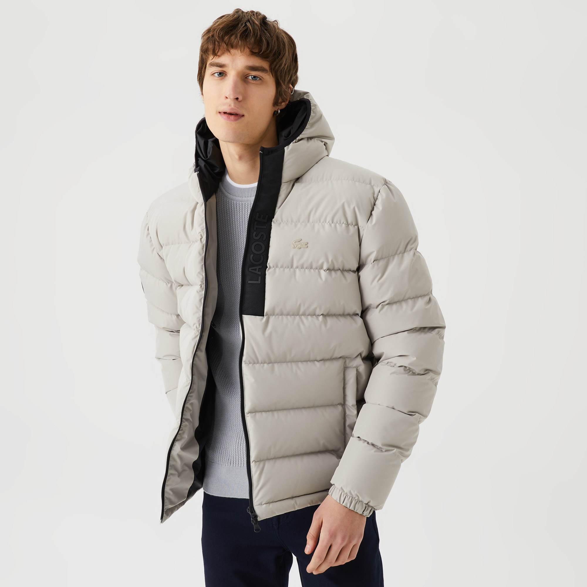 Lacoste Erkek Kapüşonlu Kapitone Baskılı Bej Mont