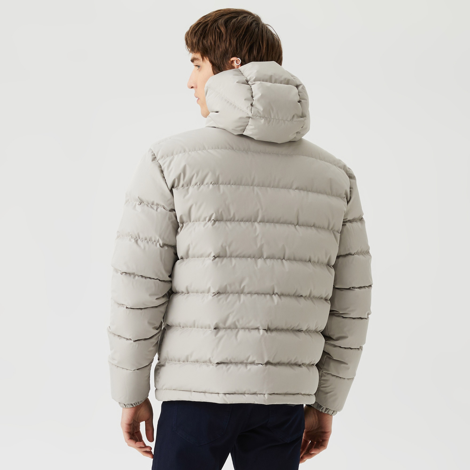 Lacoste Erkek Kapüşonlu Kapitone Baskılı Bej Mont