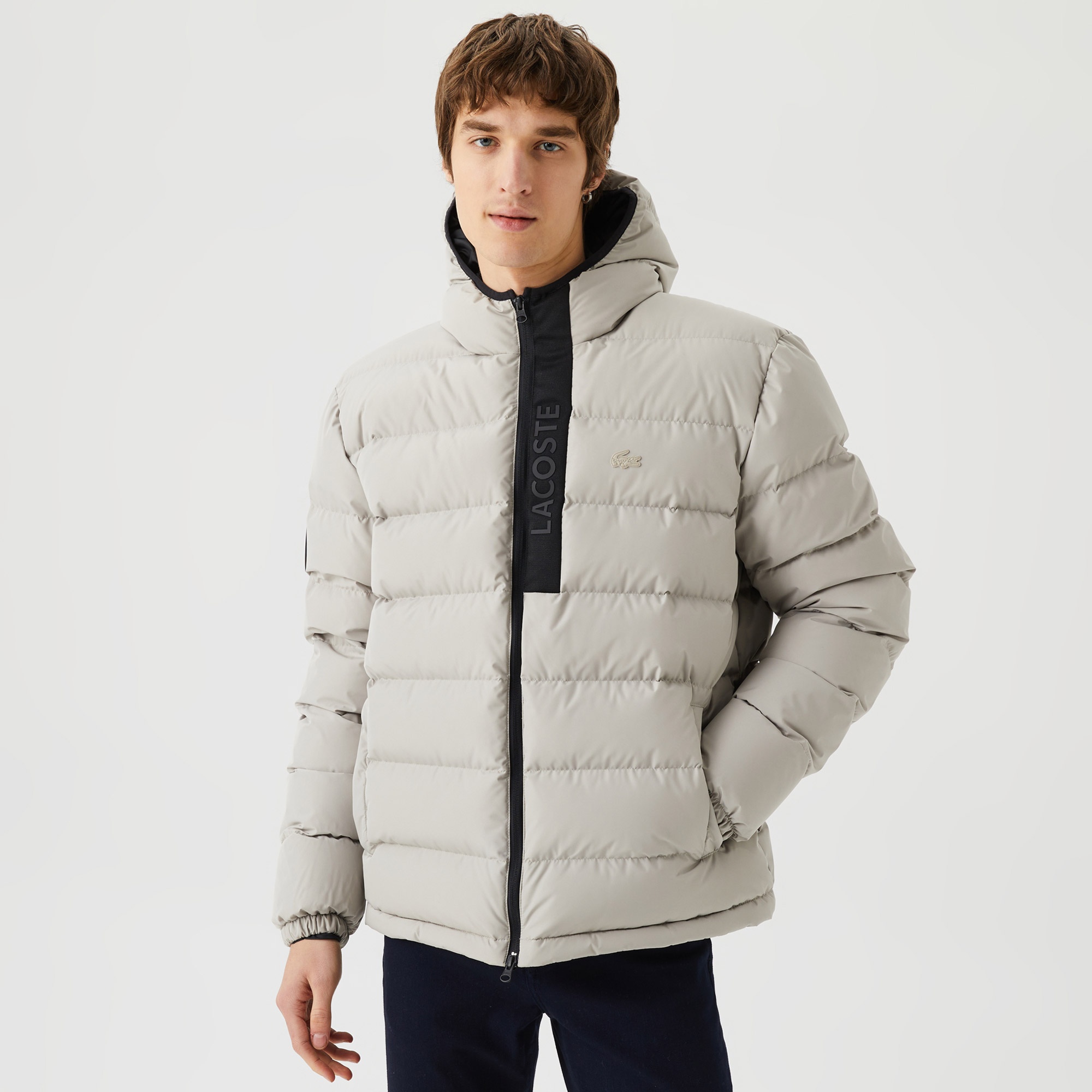 Lacoste Erkek Kapüşonlu Kapitone Baskılı Bej Mont