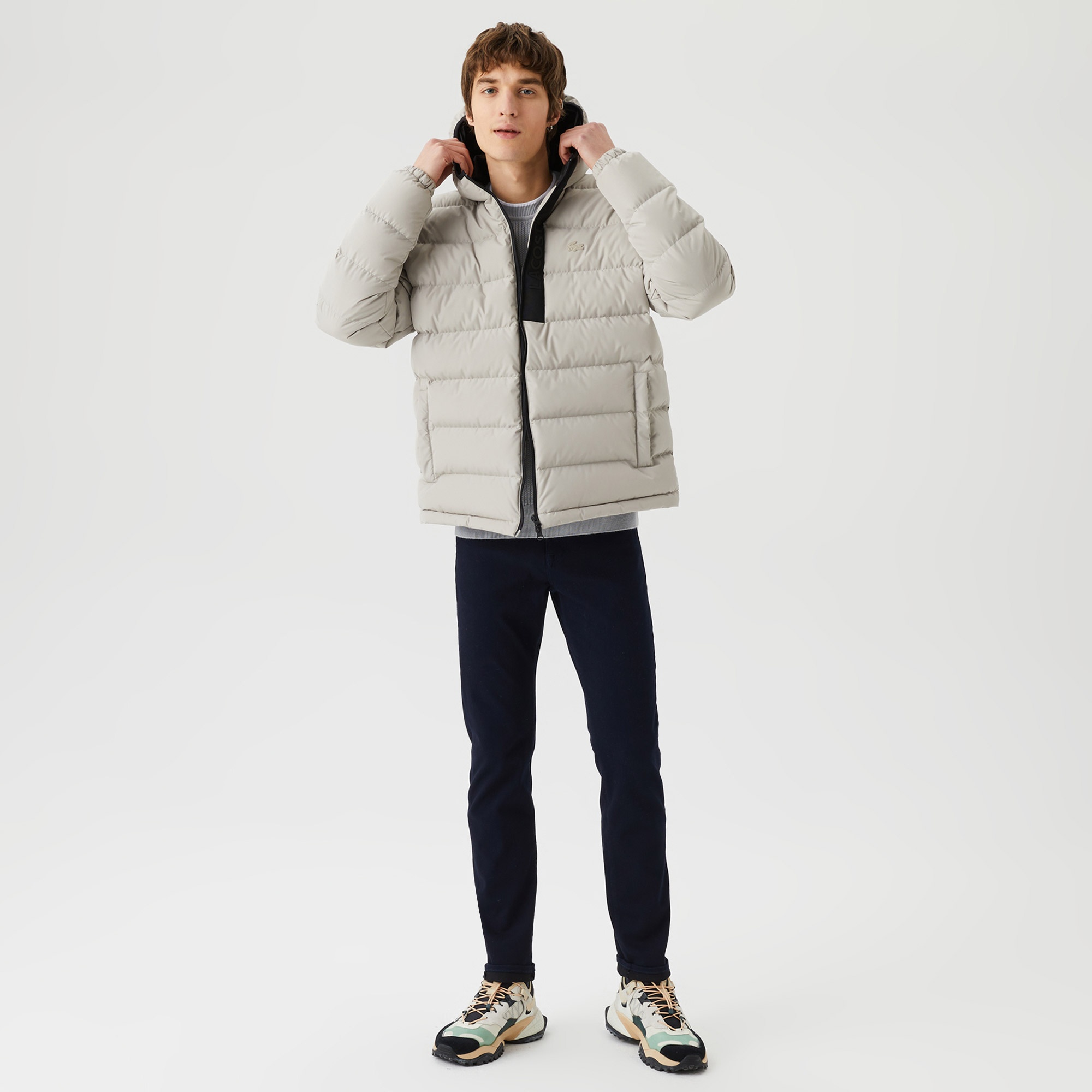 Lacoste Erkek Kapüşonlu Kapitone Baskılı Bej Mont