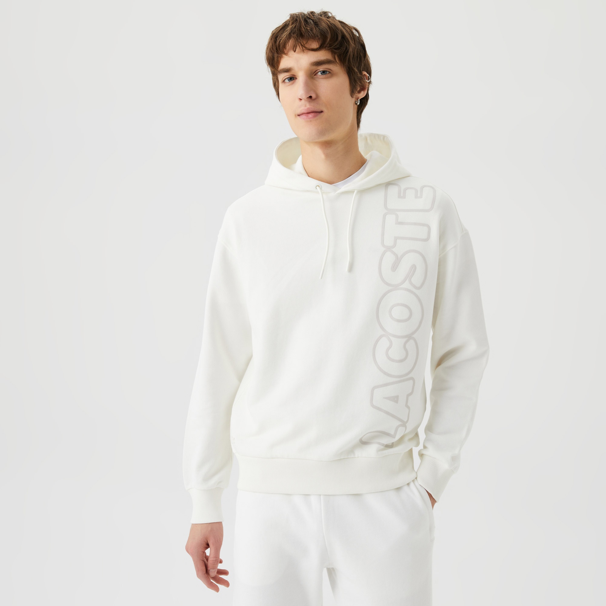 Lacoste Unisex Relaxed Fit Kapüşonlu Baskılı Beyaz Sweatshirt