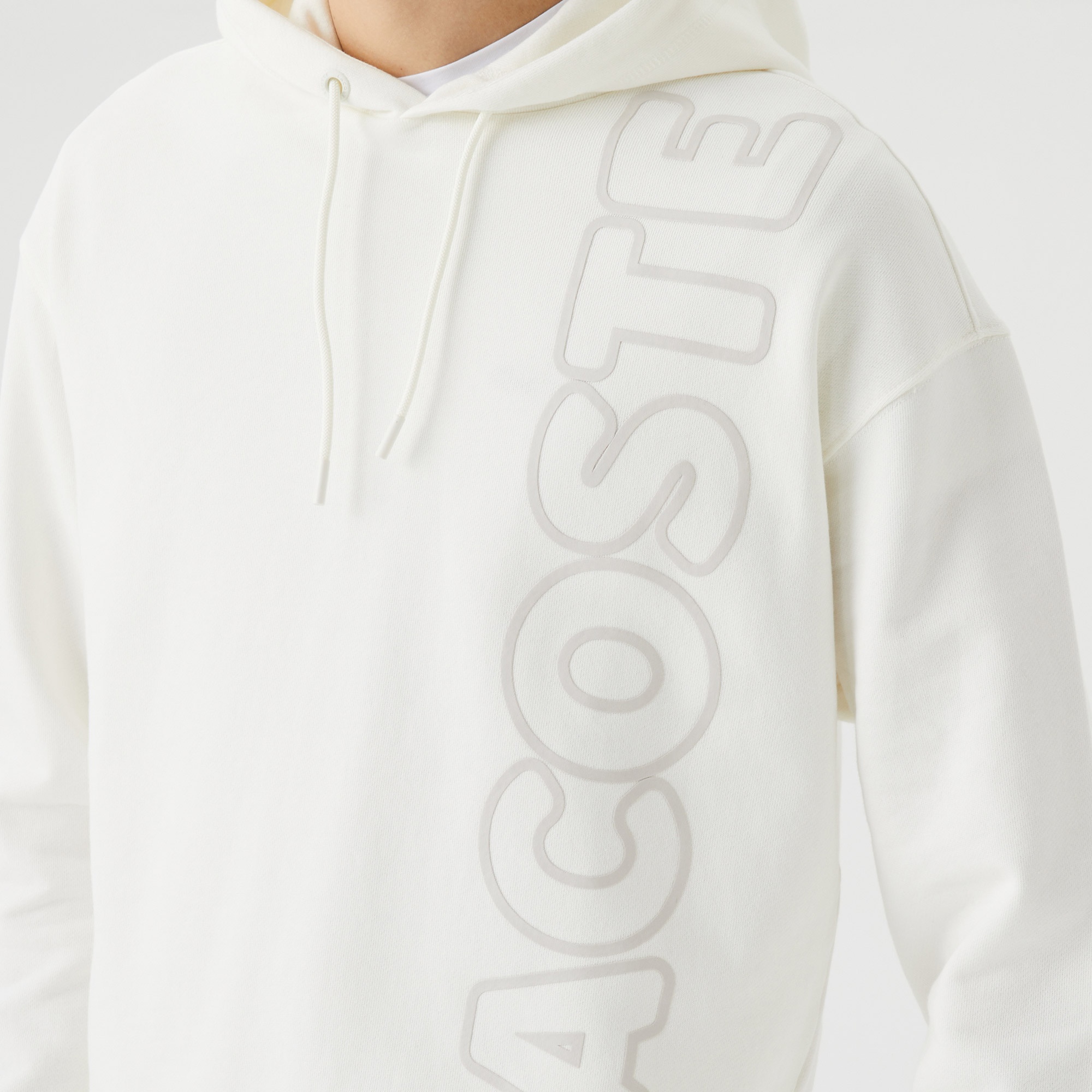 Lacoste Unisex Relaxed Fit Kapüşonlu Baskılı Beyaz Sweatshirt