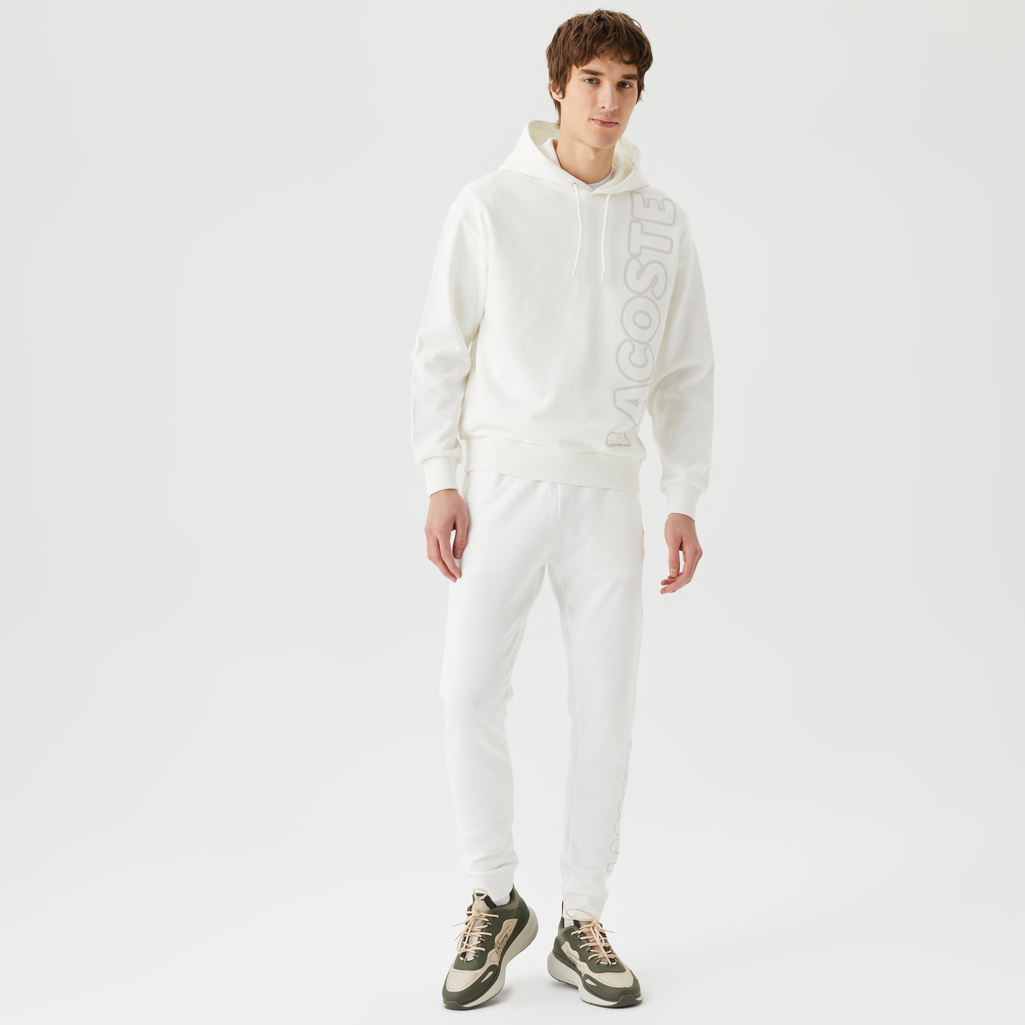 Lacoste Unisex Relaxed Fit Kapüşonlu Baskılı Beyaz Sweatshirt