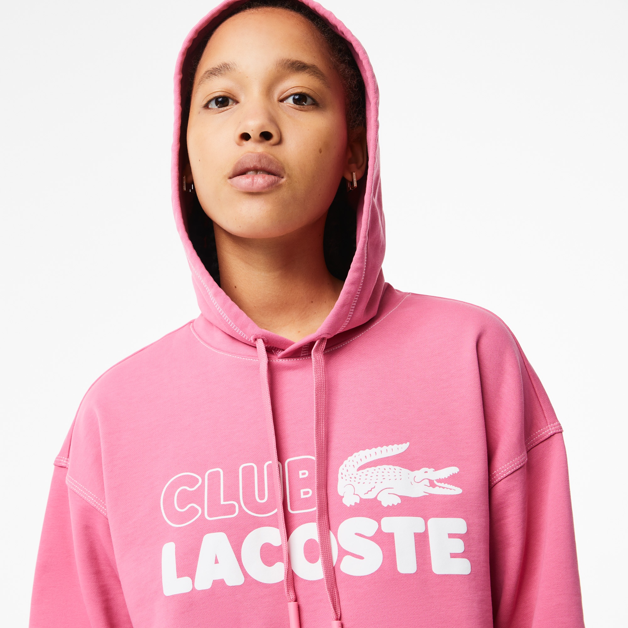 Lacoste Kadın Oversize Kapüşonlu Organik Pamuk Baskılı Pembe Sweatshirt