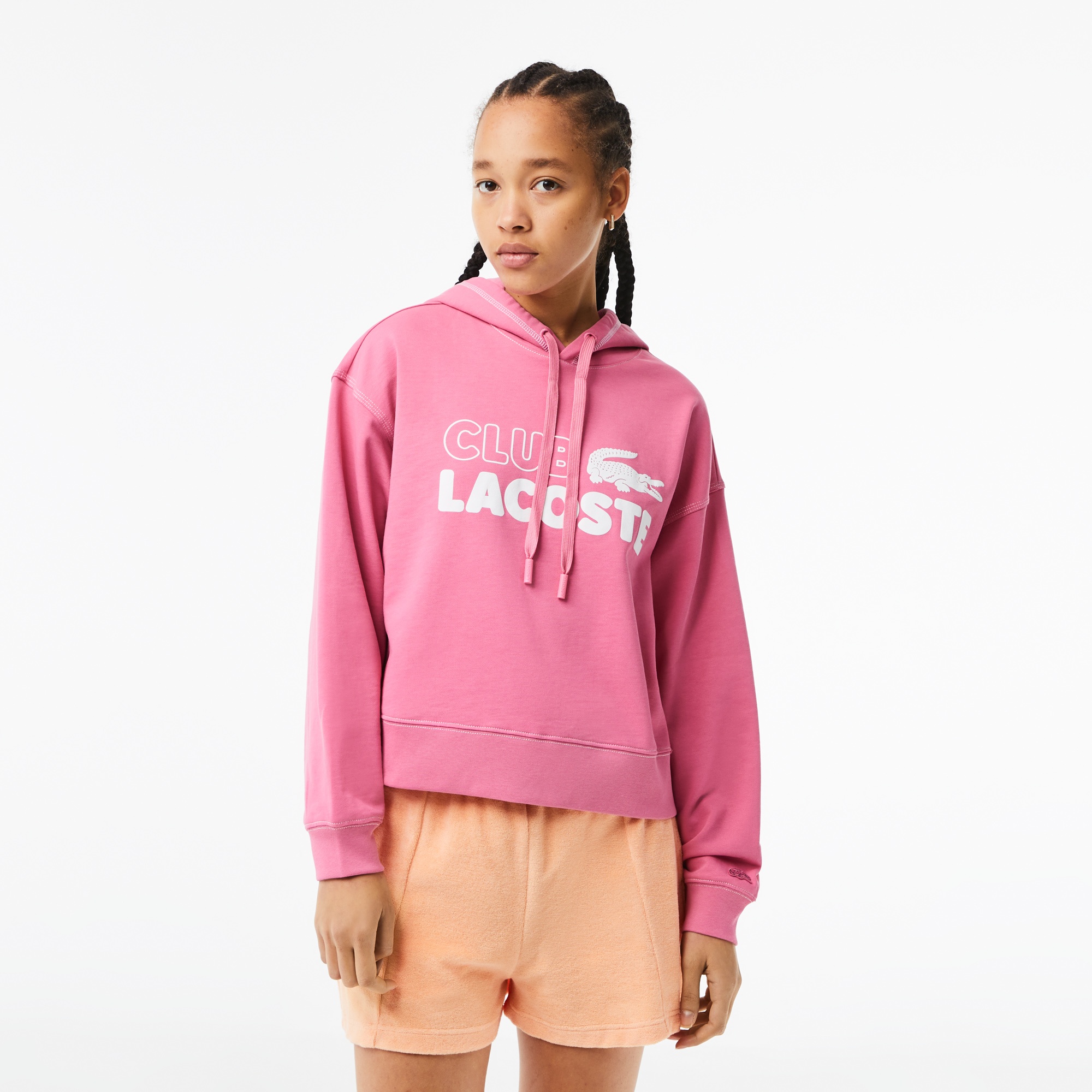 Lacoste Kadın Oversize Kapüşonlu Organik Pamuk Baskılı Pembe Sweatshirt