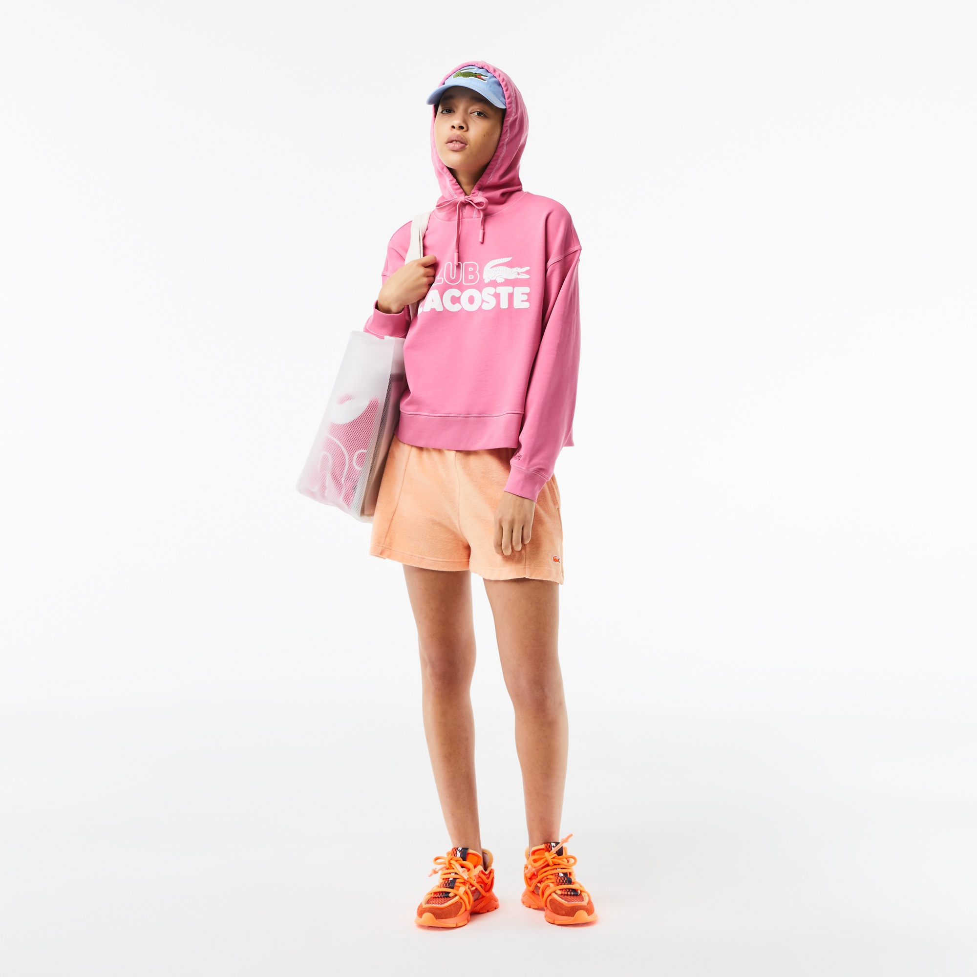 Lacoste Kadın Oversize Kapüşonlu Organik Pamuk Baskılı Pembe Sweatshirt