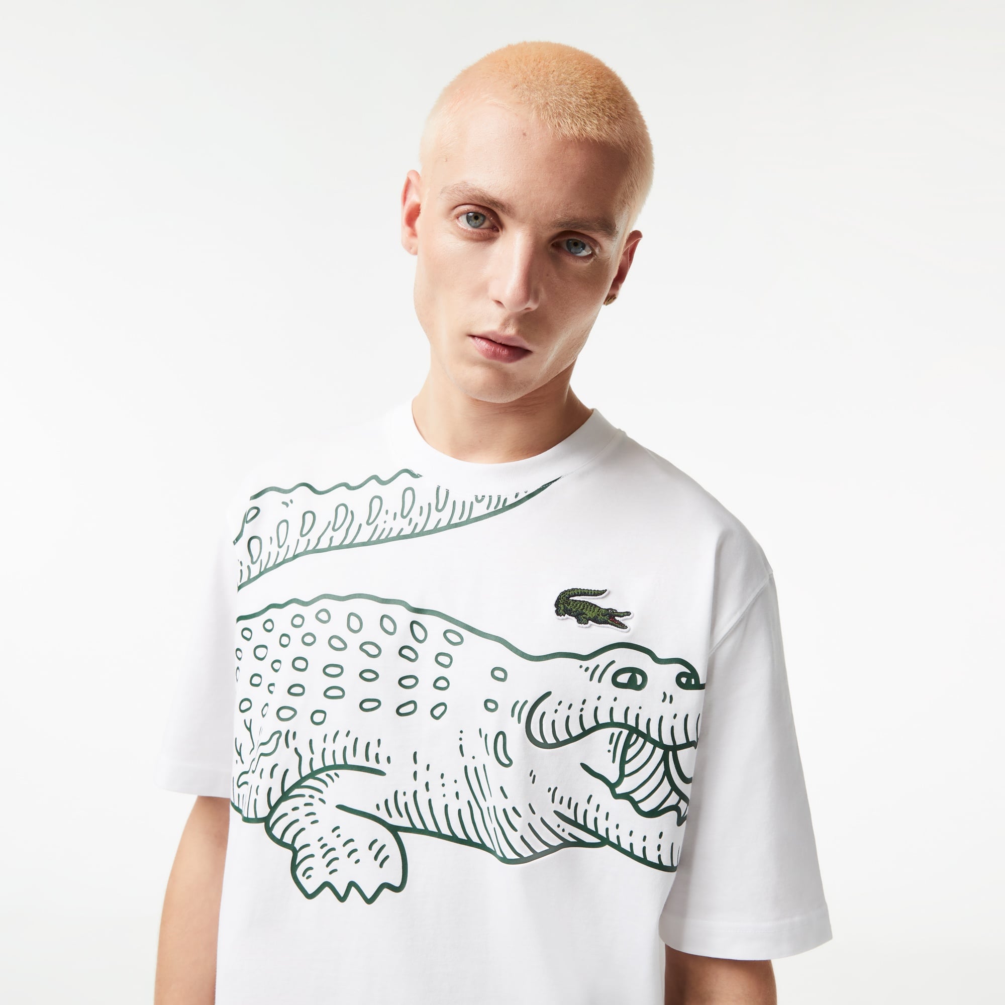 Lacoste Erkek Loose Fit Bisiklet Yaka Organik Pamuk Baskılı Beyaz T-Shirt