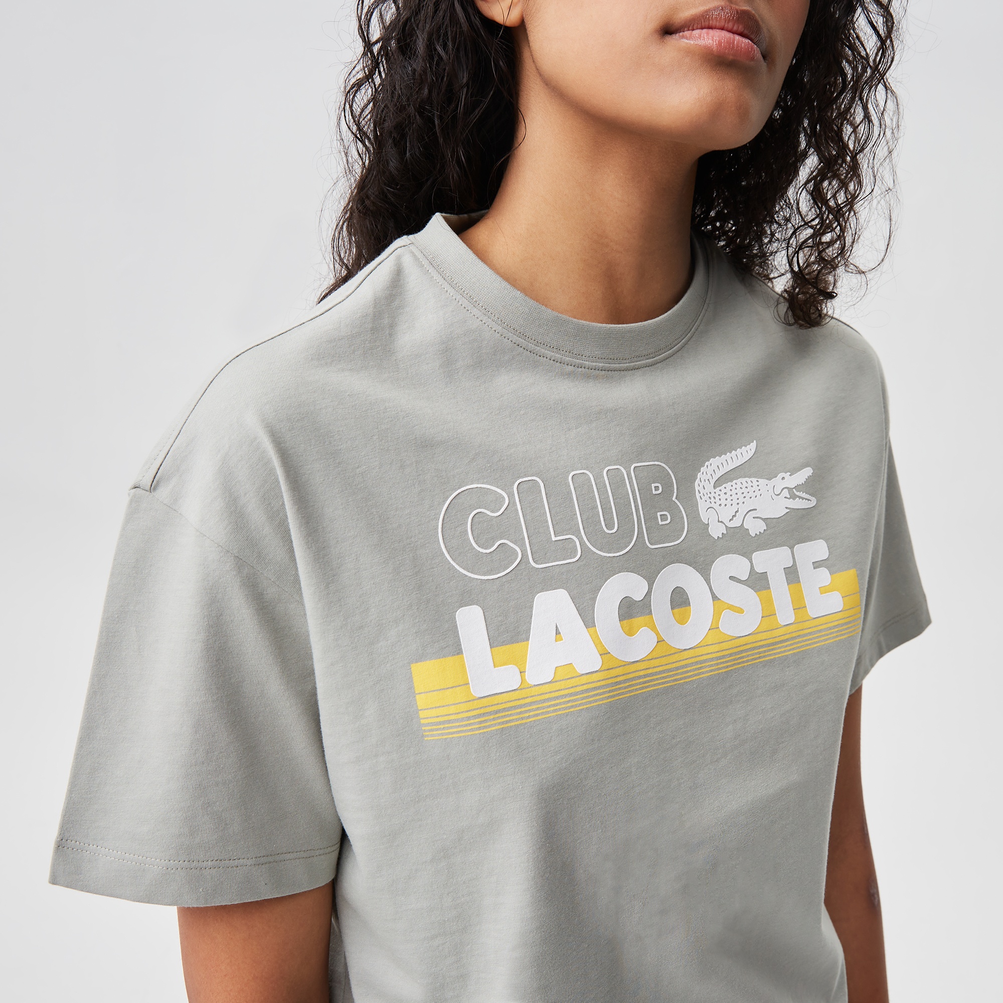 Lacoste Kadın Crop Fit Bisiklet Yaka Baskılı Yeşil T-Shirt