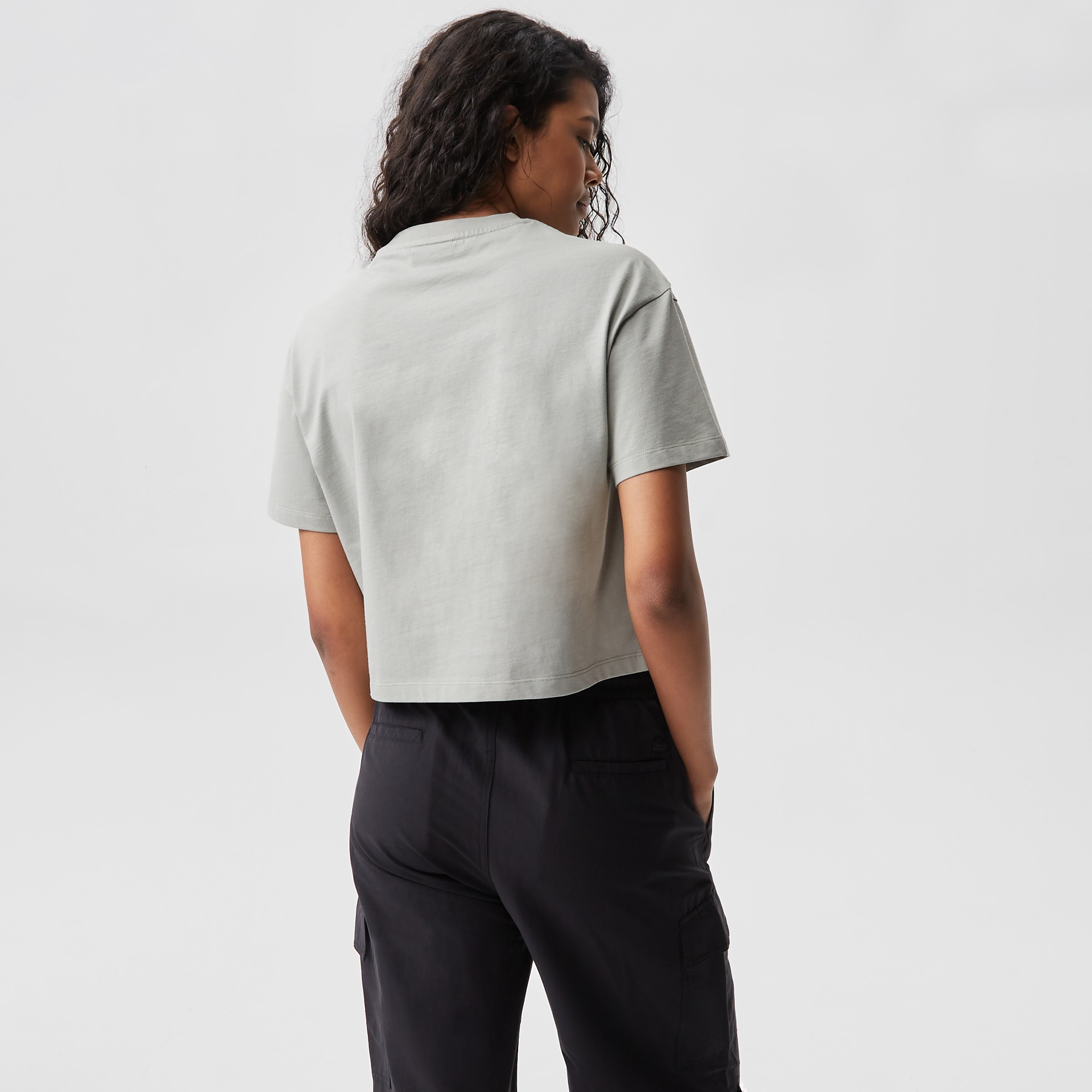 Lacoste Kadın Crop Fit Bisiklet Yaka Baskılı Yeşil T-Shirt