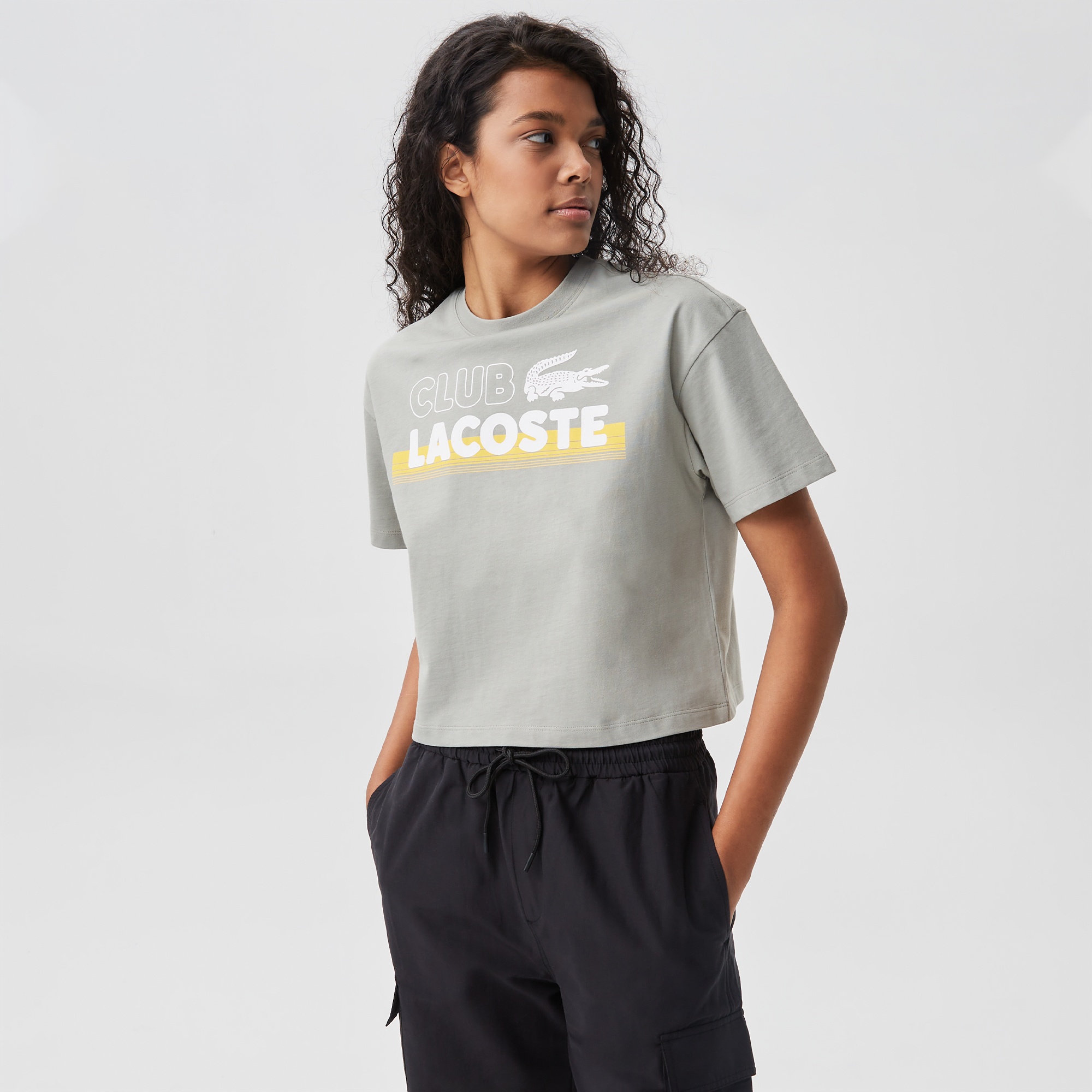 Lacoste Kadın Crop Fit Bisiklet Yaka Baskılı Yeşil T-Shirt