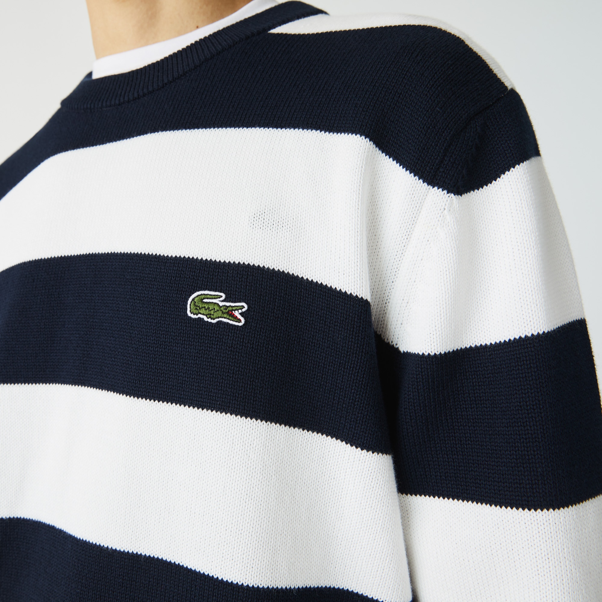 Lacoste Erkek Bisiklet Yaka Çizgili Beyaz Kazak