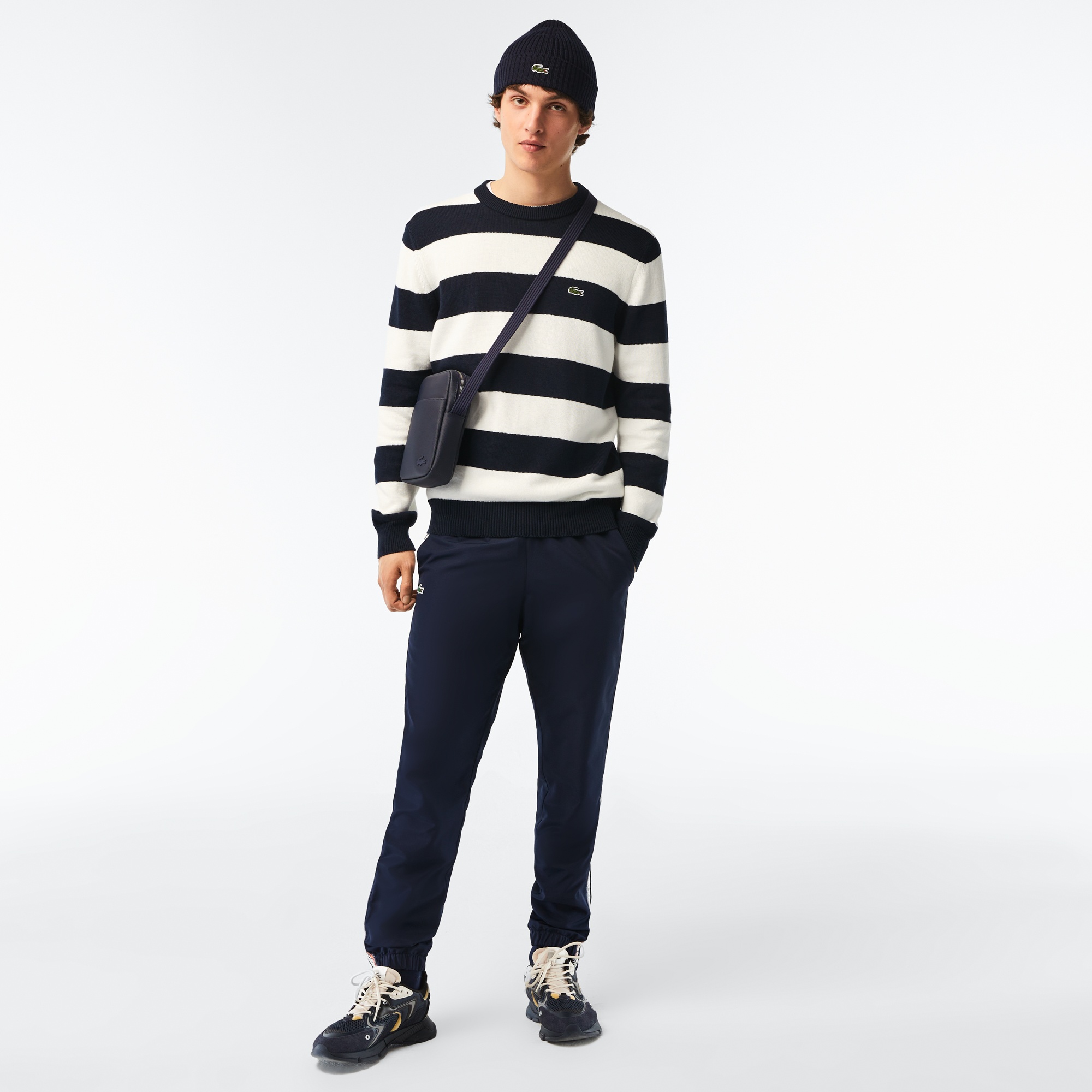 Lacoste Erkek Bisiklet Yaka Çizgili Beyaz Kazak