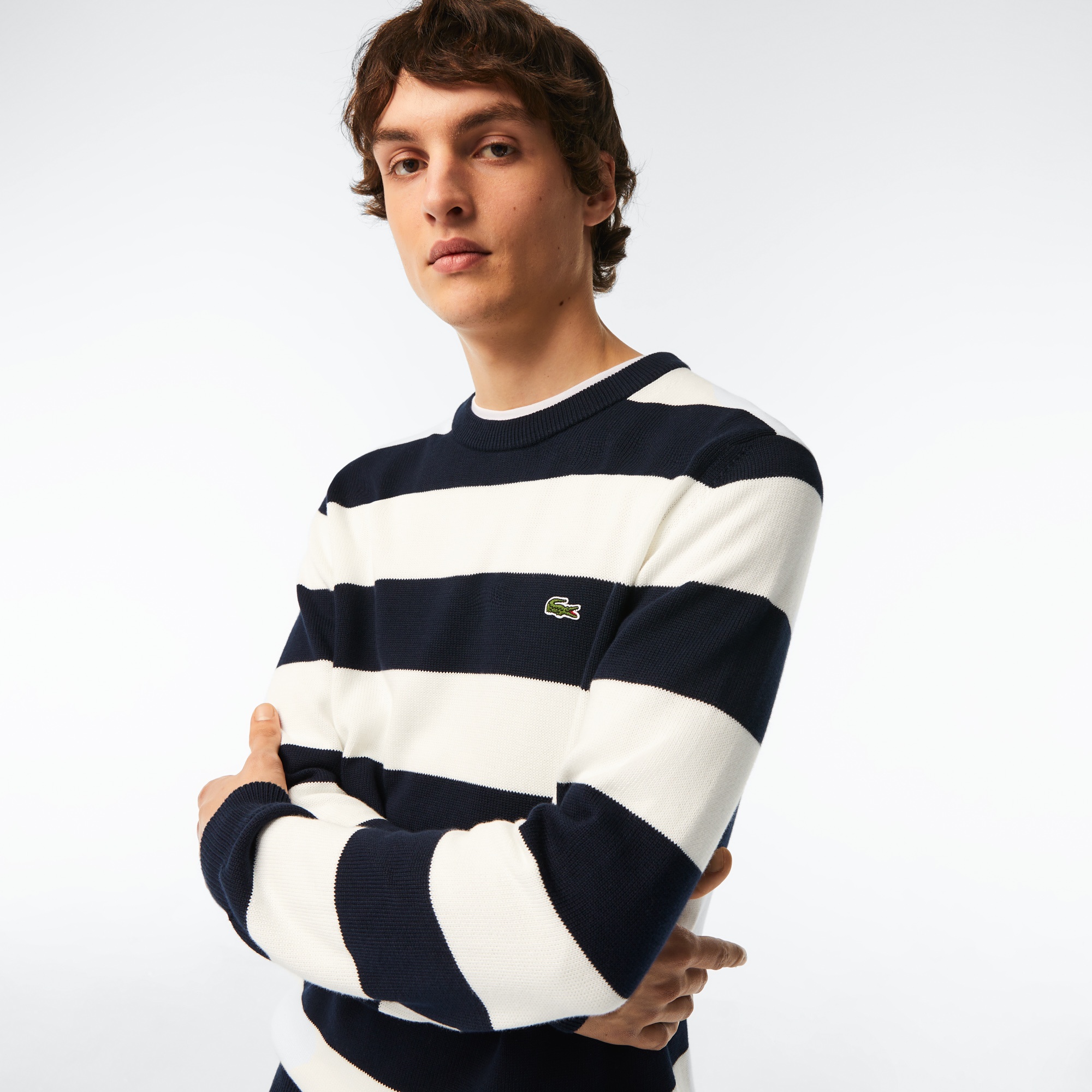 Lacoste Erkek Bisiklet Yaka Çizgili Beyaz Kazak