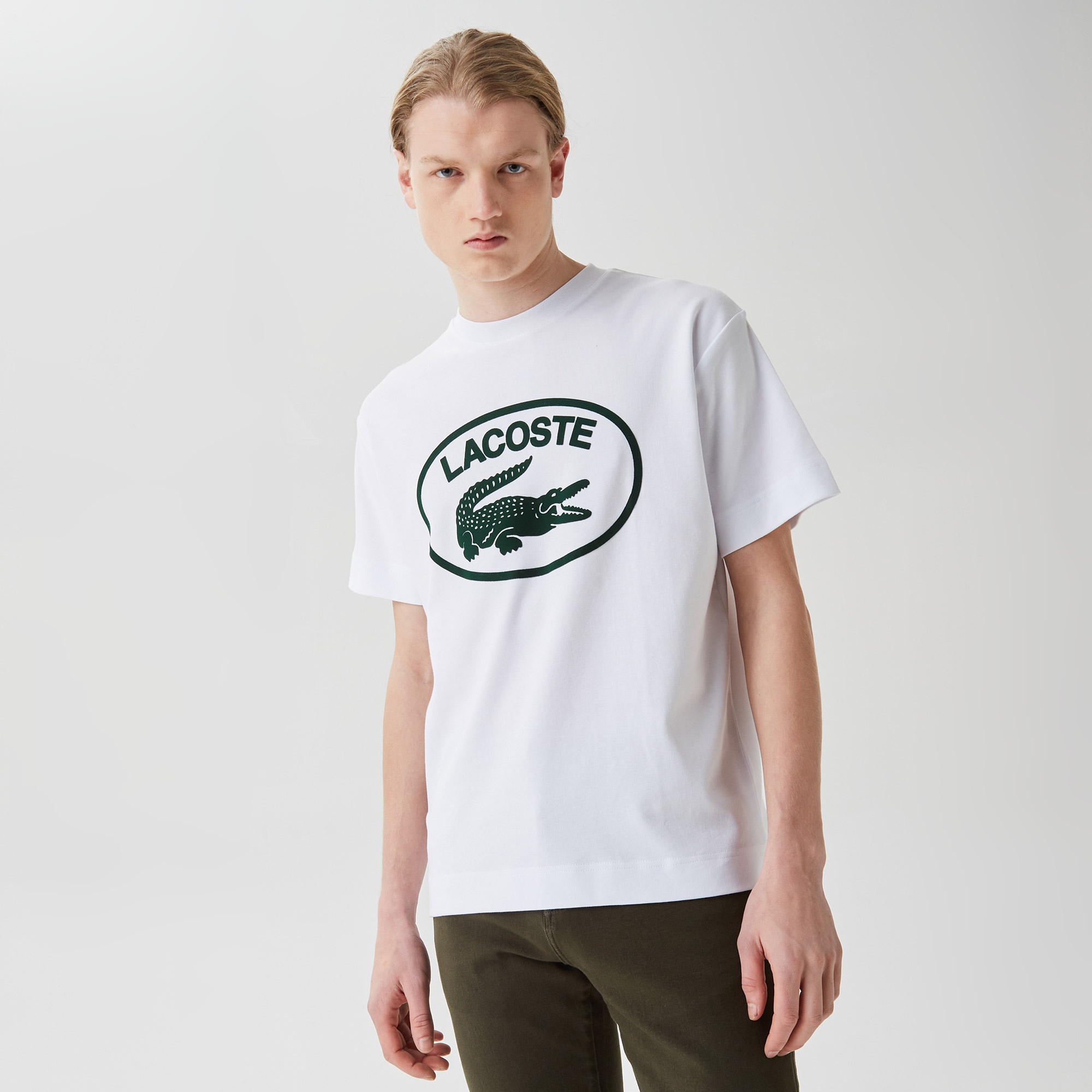 Lacoste Erkek Relaxed Fit Bisiklet Yaka Baskılı Beyaz T-Shirt