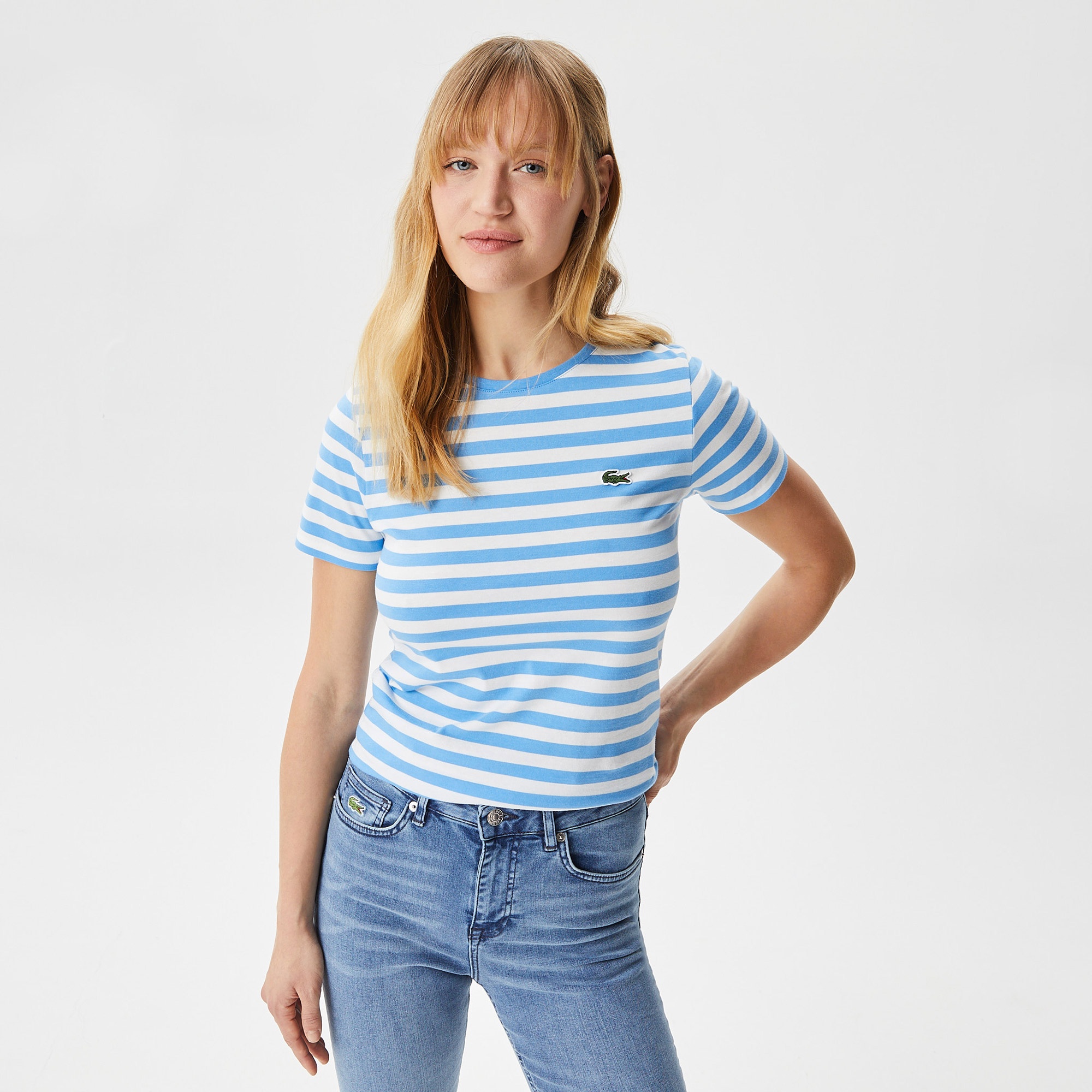 Lacoste Kadın Slim Fit Bisiklet Yaka Çizgili Mavi T-Shirt TF0322
